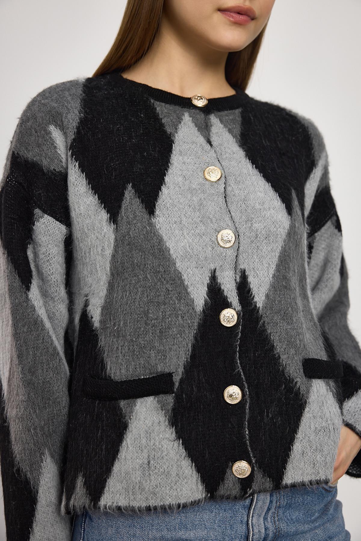 24375 Baklava Desenli Hırka Detay Kazak Siyah - RAYS