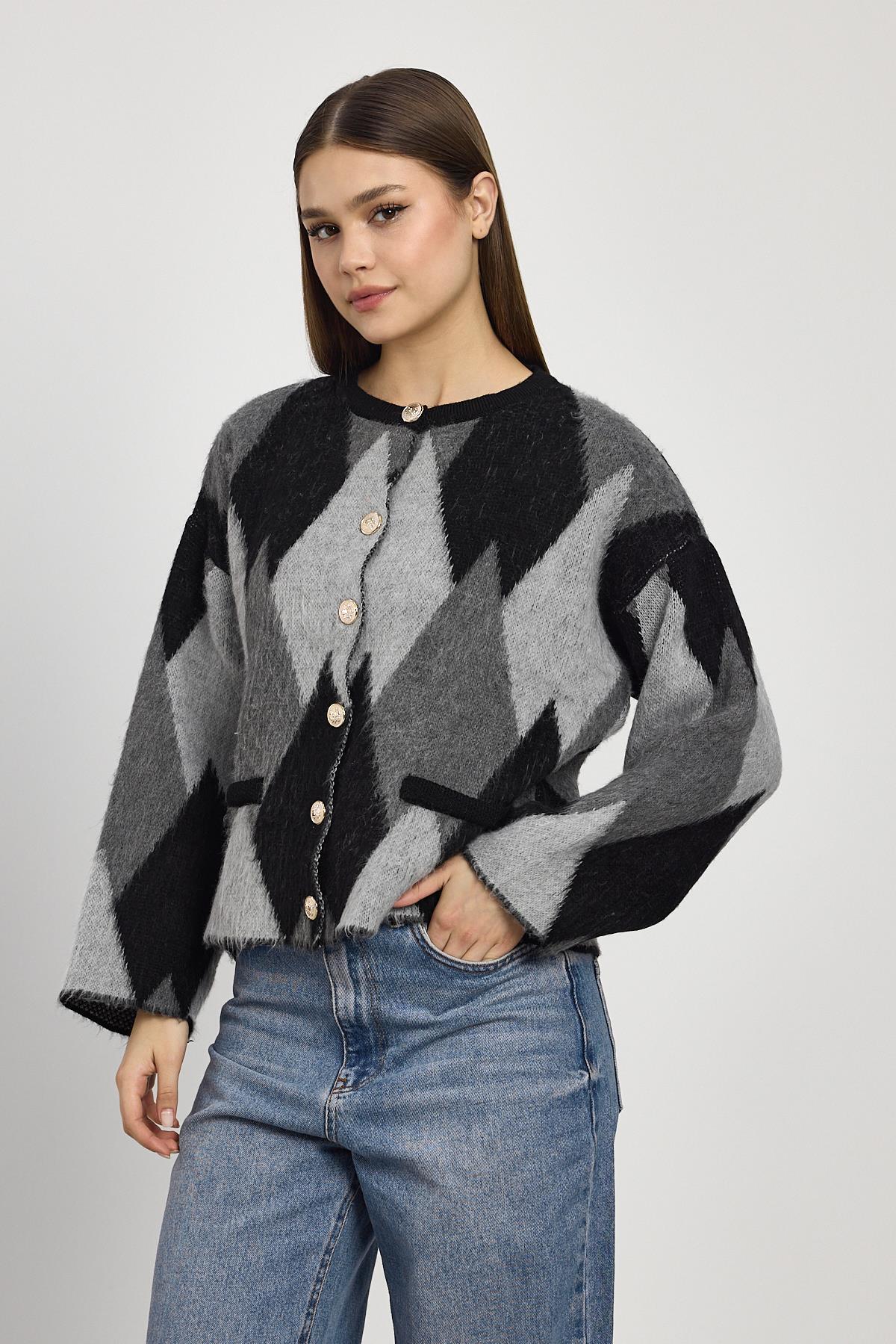 24375 Baklava Desenli Hırka Detay Kazak Siyah - 8