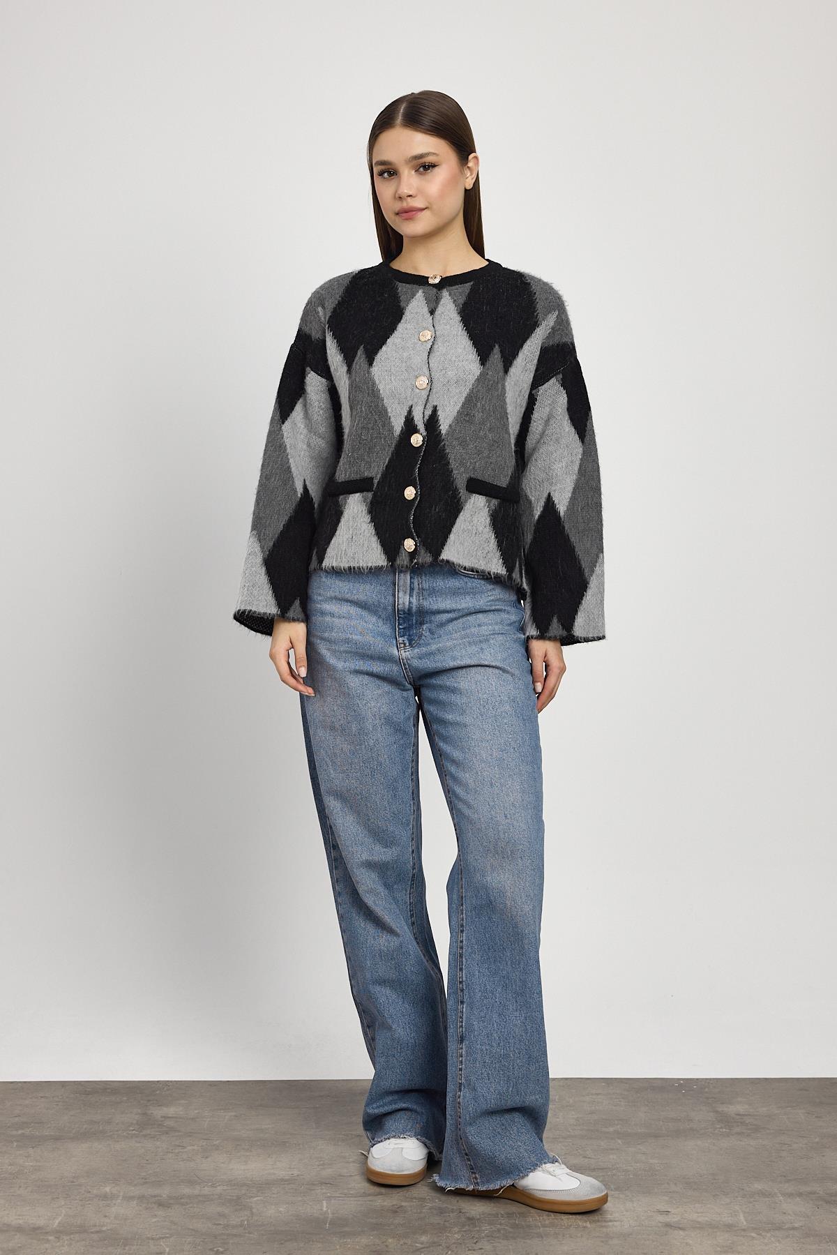 Siyah Baklava Desenli Hırka 24375 - 1