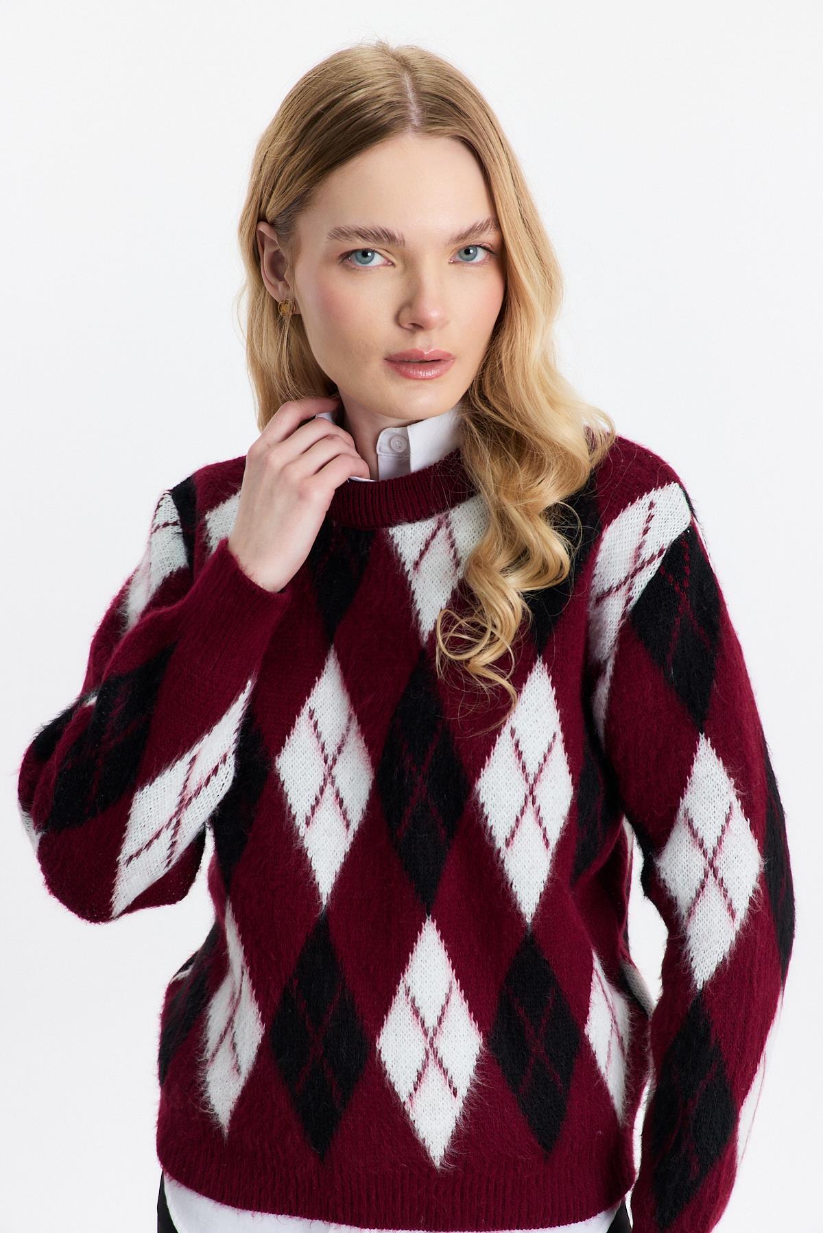 Baklava Desen Şardonlu Kazak 24376 Bordo - 7