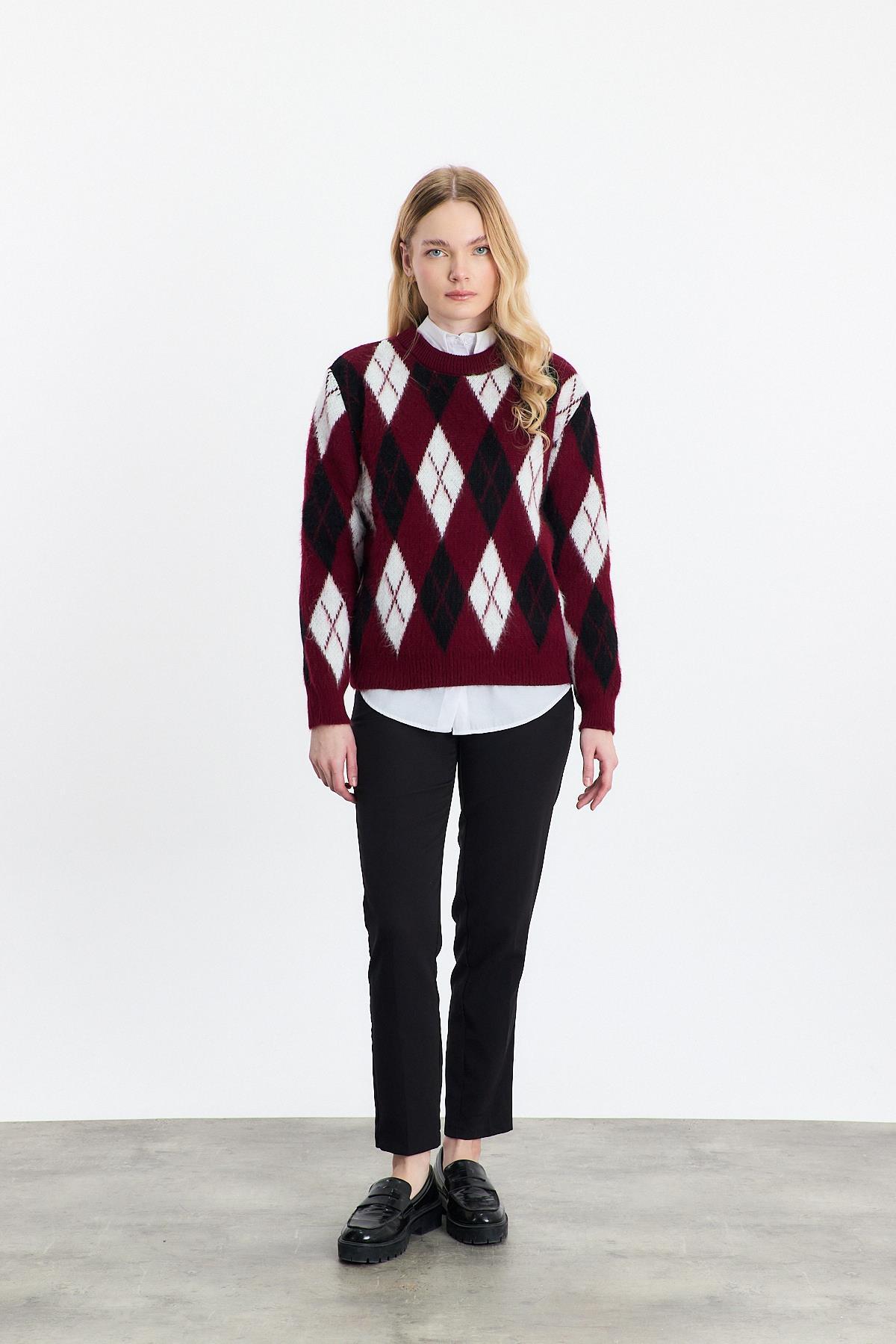 Bordo Baklava Desen Şardonlu Kazak 24376 