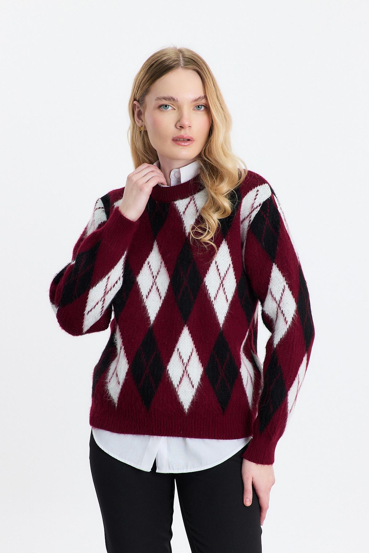 Bordo Baklava Desen Şardonlu Kazak 24376 - 2