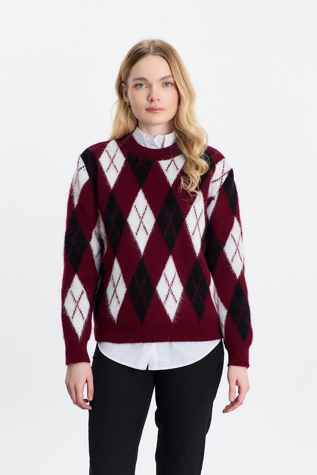 Bordo Baklava Desen Şardonlu Kazak 24376 - 3