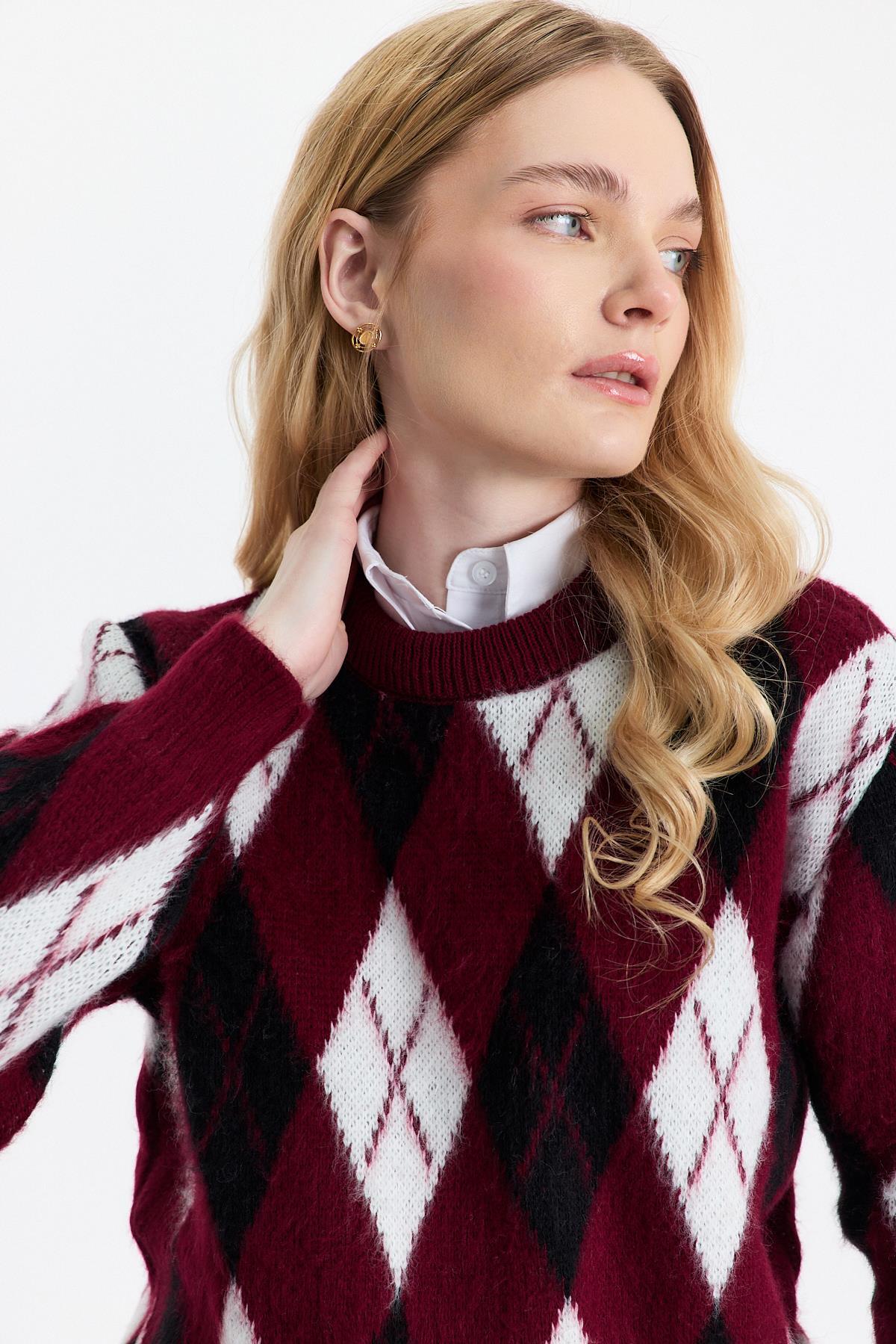 Bordo Baklava Desen Şardonlu Kazak 24376 - 4