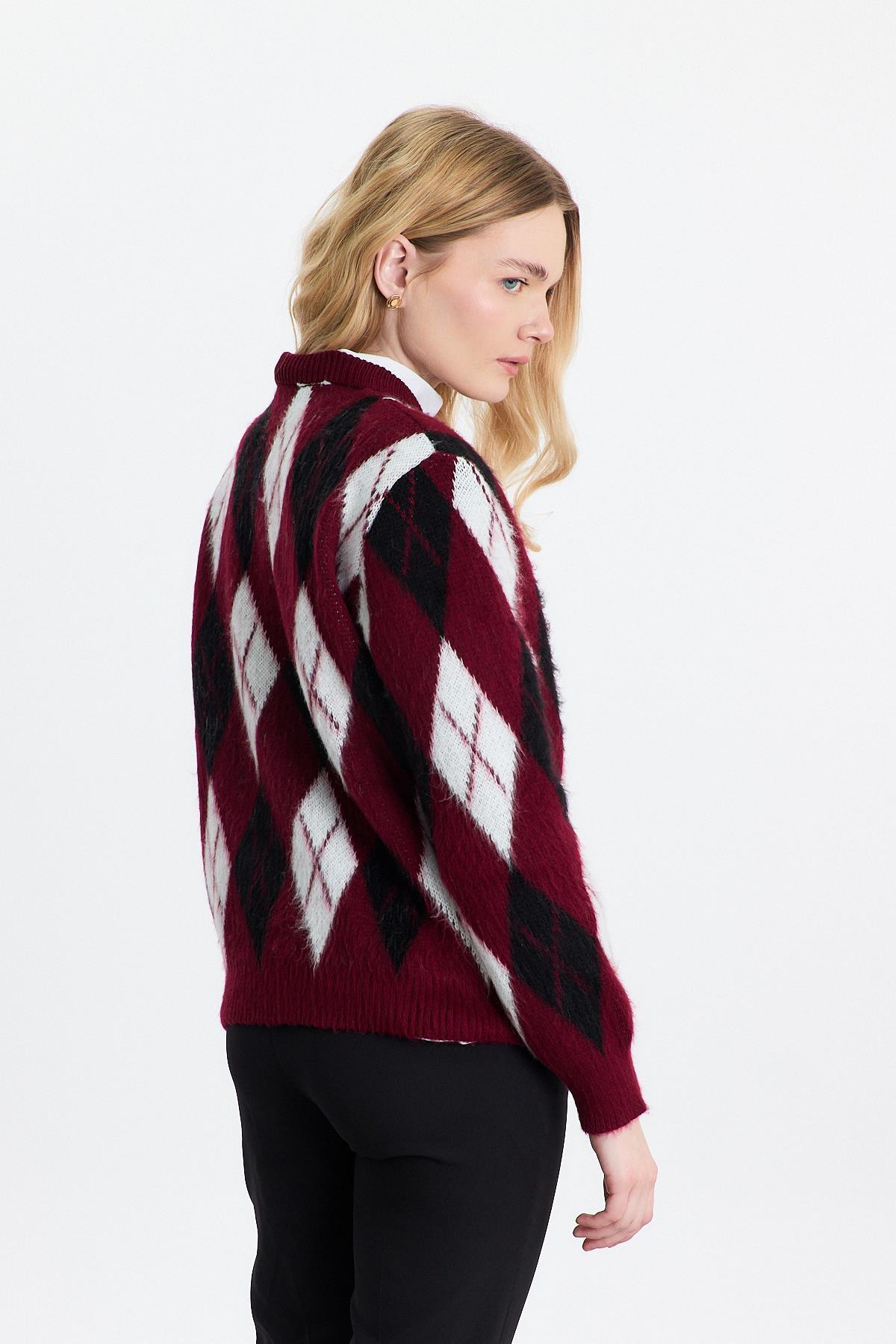 Bordo Baklava Desen Şardonlu Kazak 24376 - 6