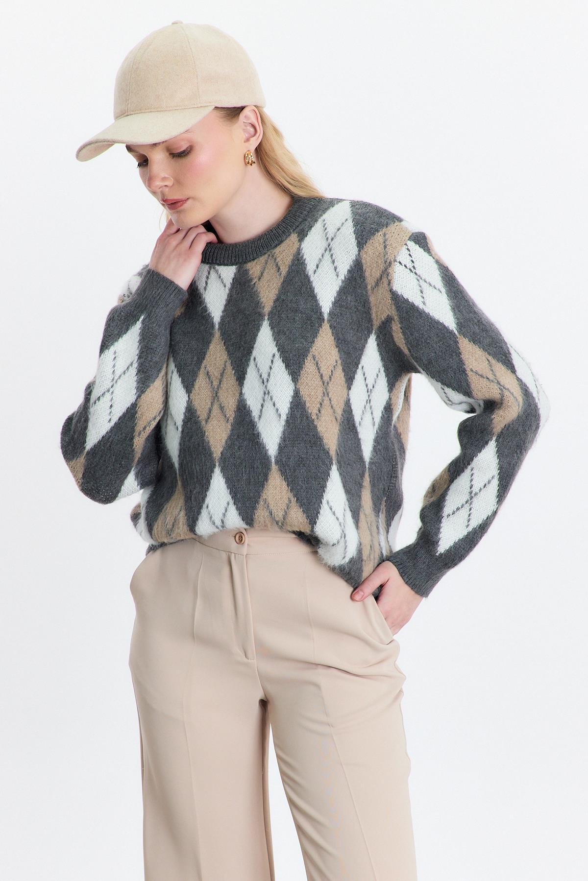 24376 Baklava Desen Şardonlu Kazak Gri - RAYS