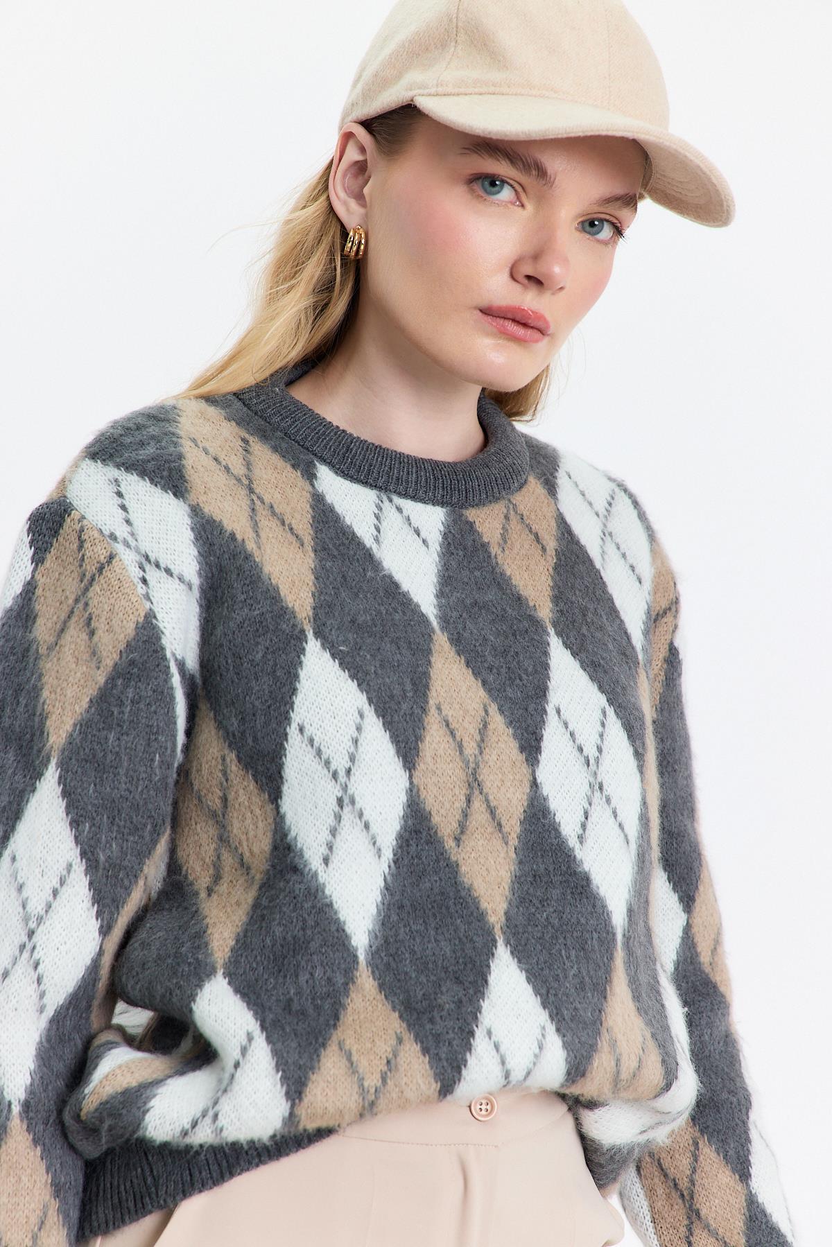 24376 Baklava Desen Şardonlu Kazak Gri - RAYS