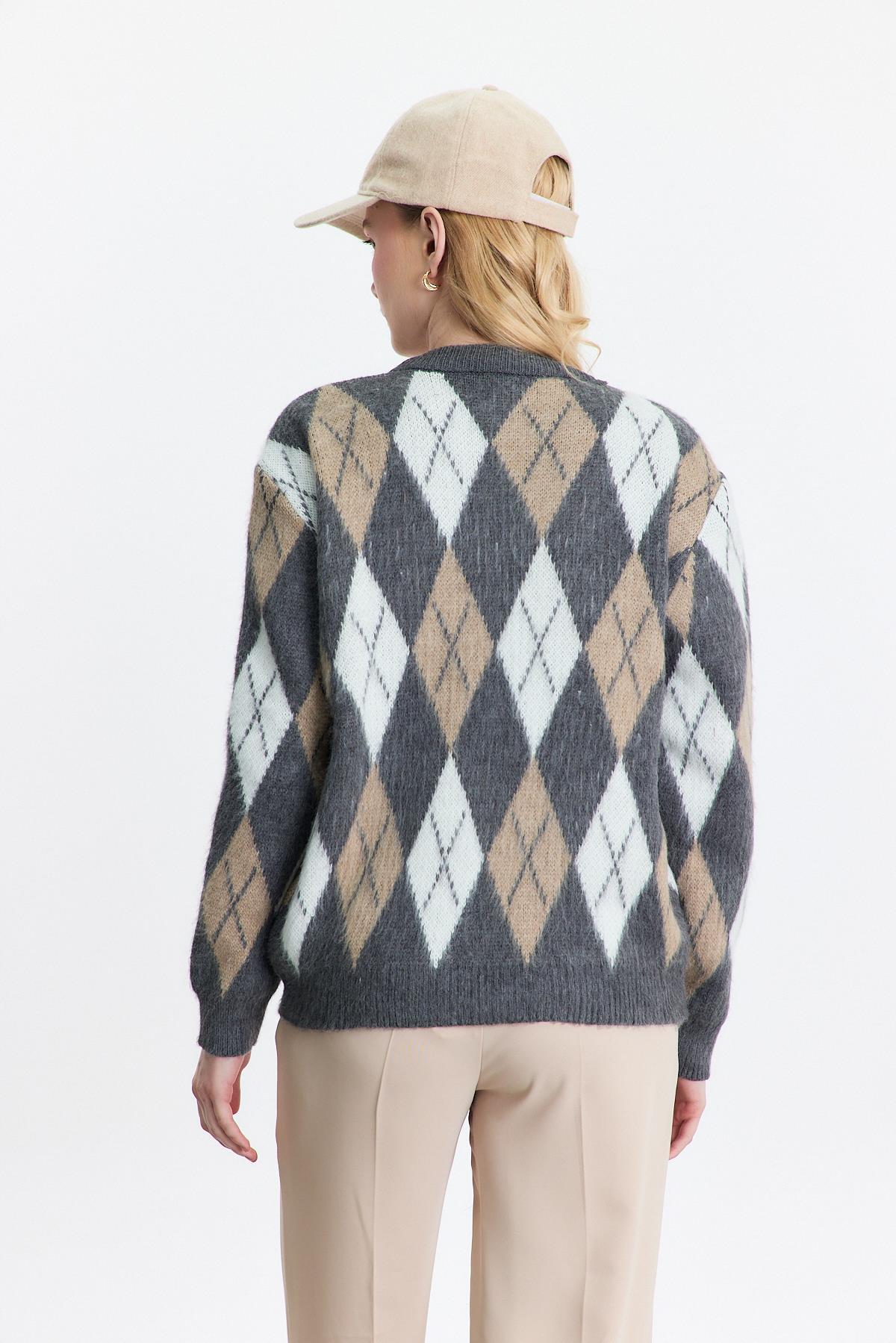 Gri Baklava Desen Şardonlu Kazak 24376 - 5