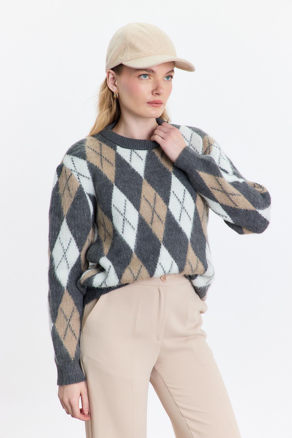 Gri Baklava Desen Şardonlu Kazak 24376 - 7