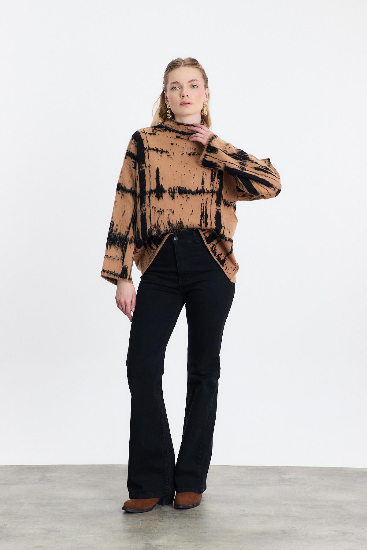 Camel-Siyah Yarım Boğaz Şardonlu Kazak 24378 - 6