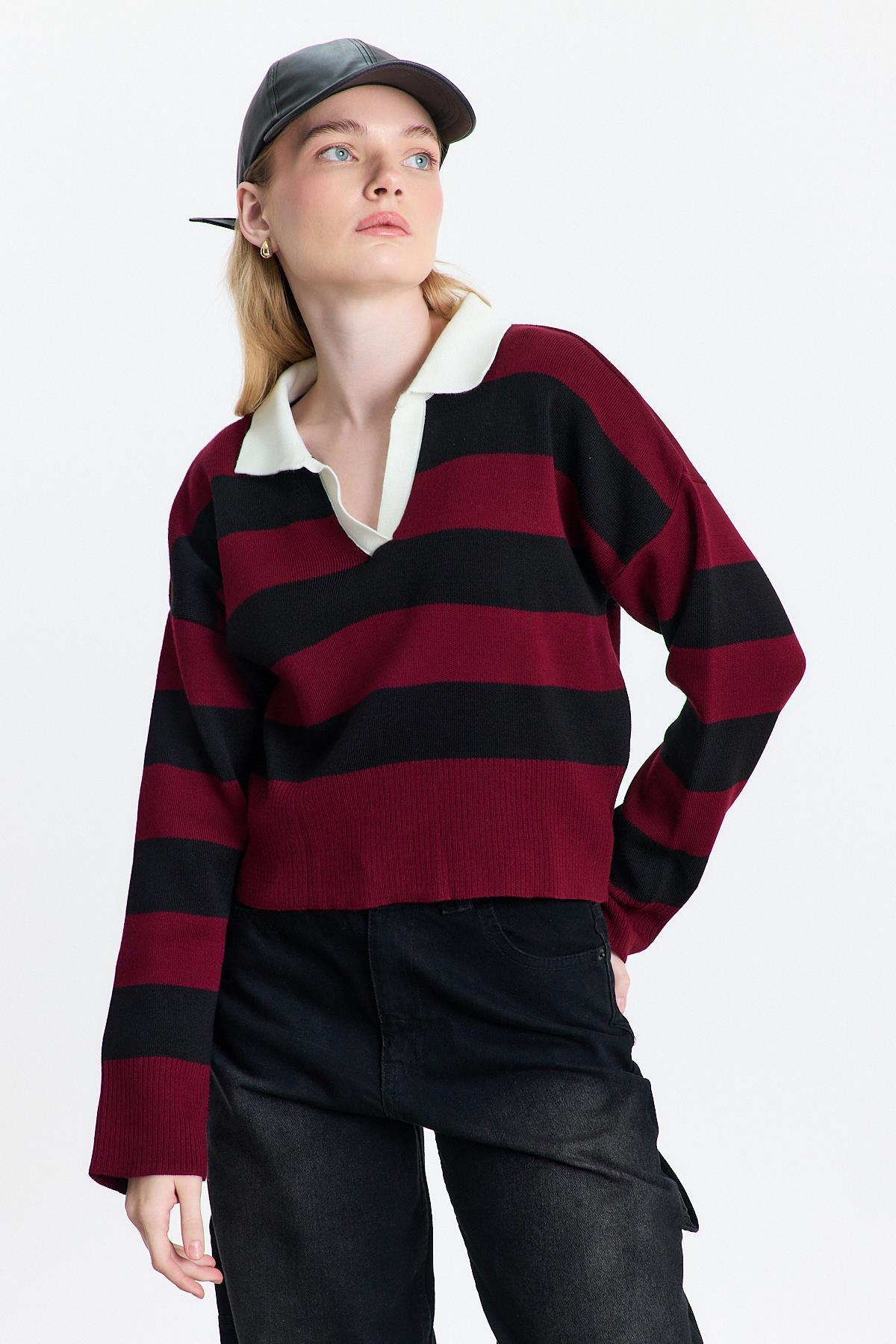 Bordo Polo Yaka Çizgili Kazak 24379 - 2