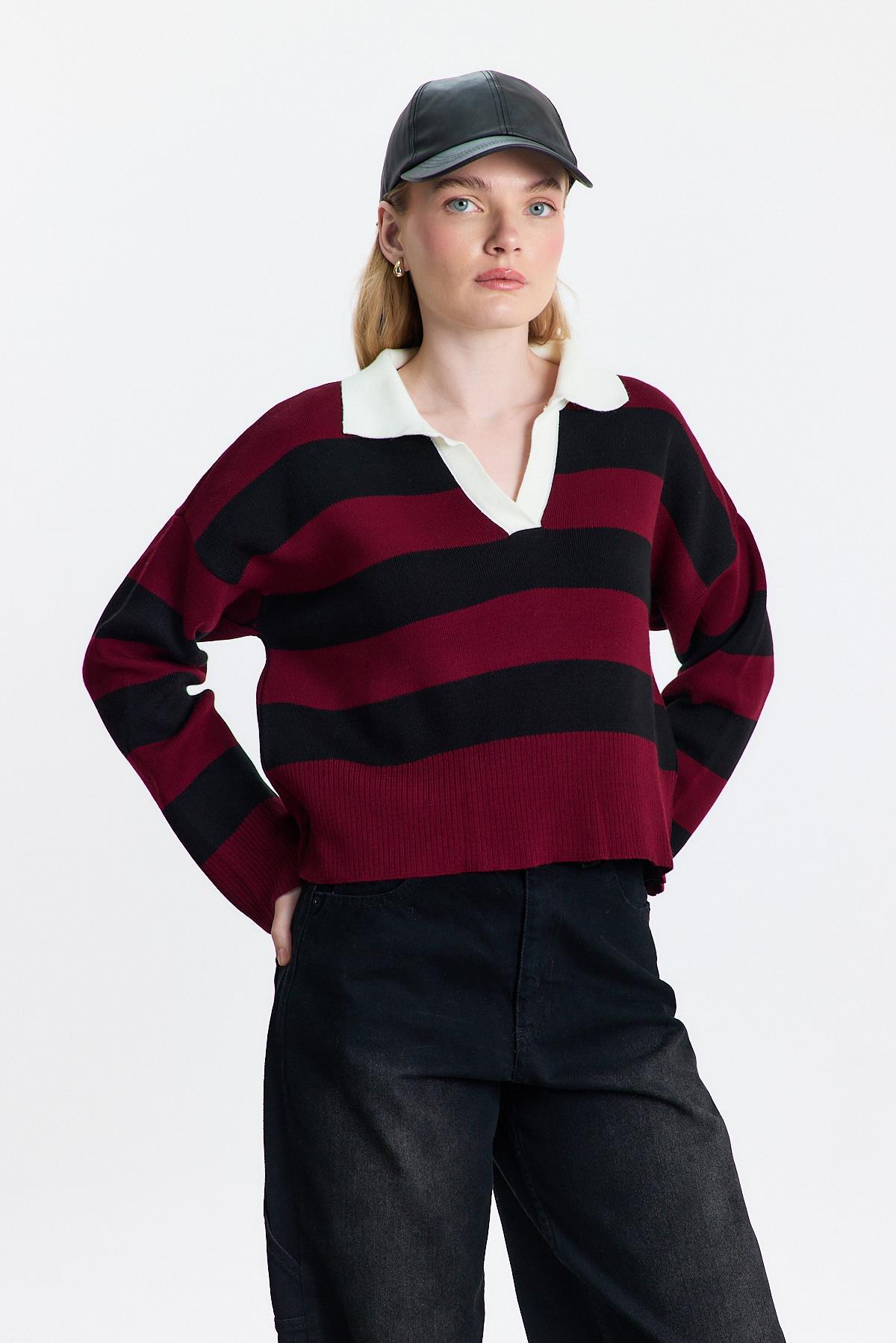 Bordo Polo Yaka Çizgili Kazak 24379 - 3