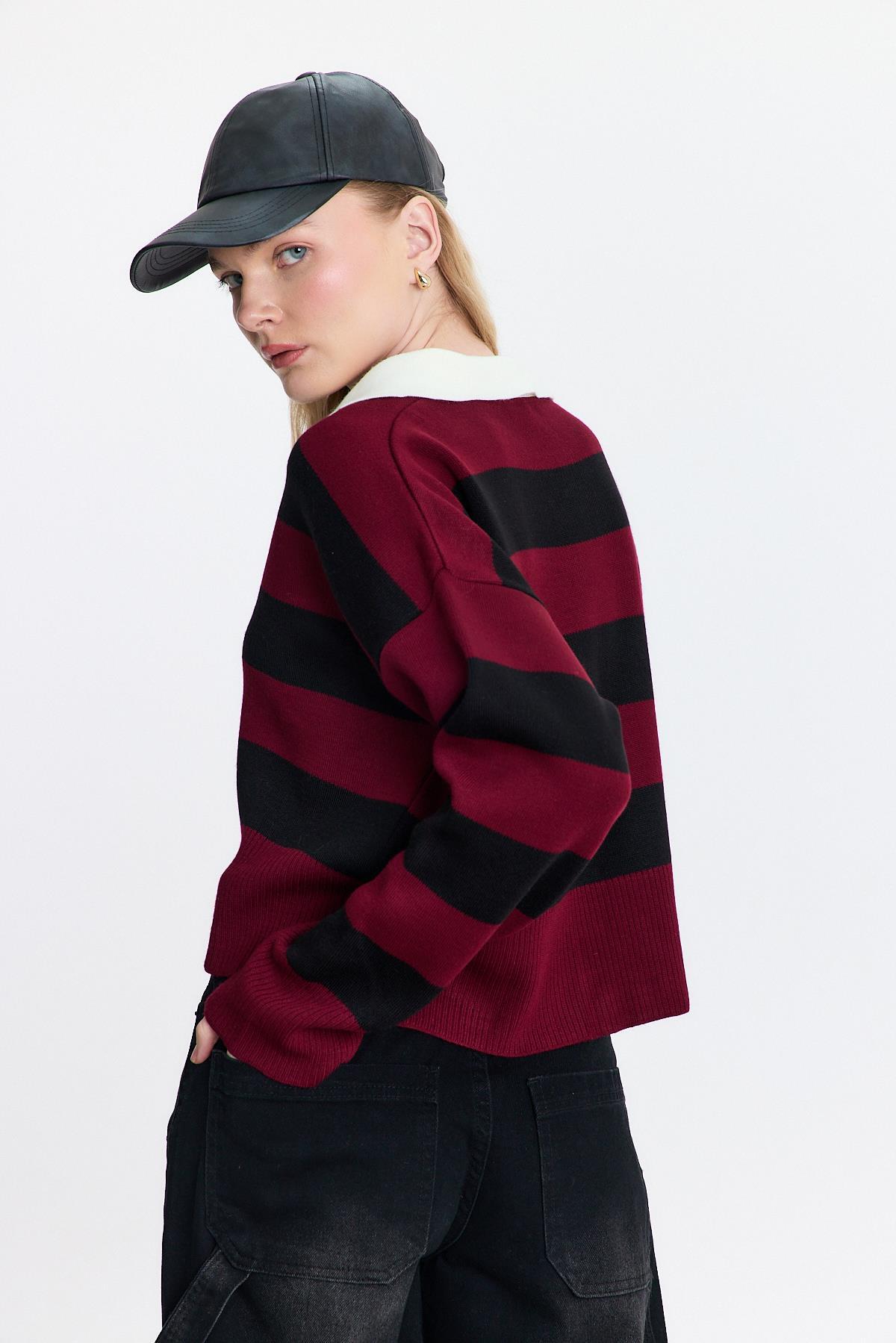 Bordo Polo Yaka Çizgili Kazak 24379 - 4