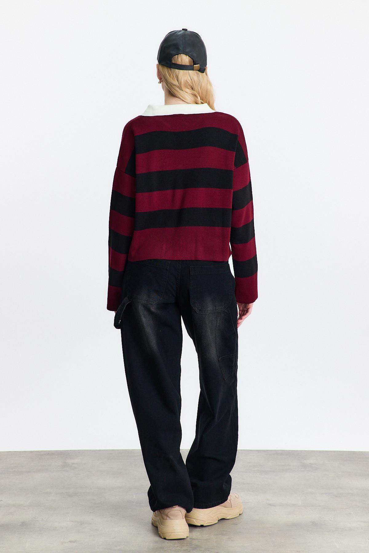 Bordo Polo Yaka Çizgili Kazak 24379 - 5