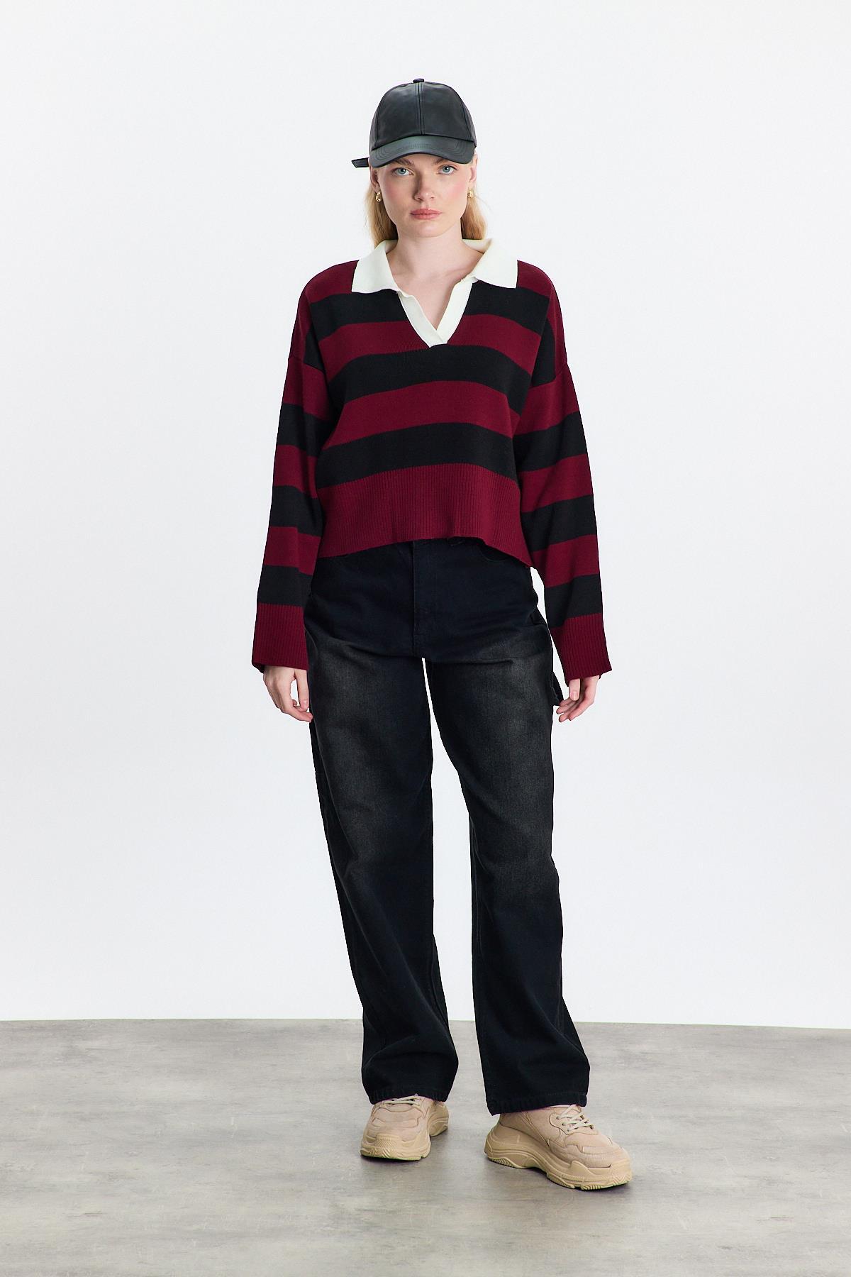 Bordo Polo Yaka Çizgili Kazak 24379 - 6