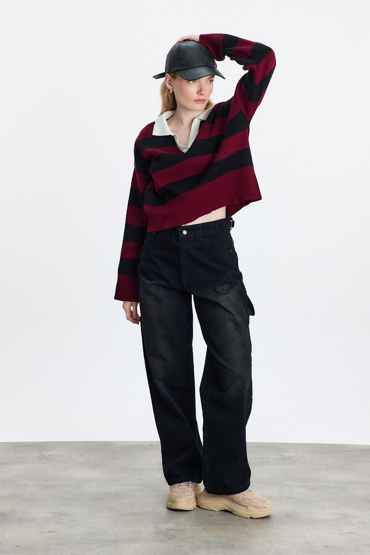 Bordo Polo Yaka Çizgili Kazak 24379 - 8