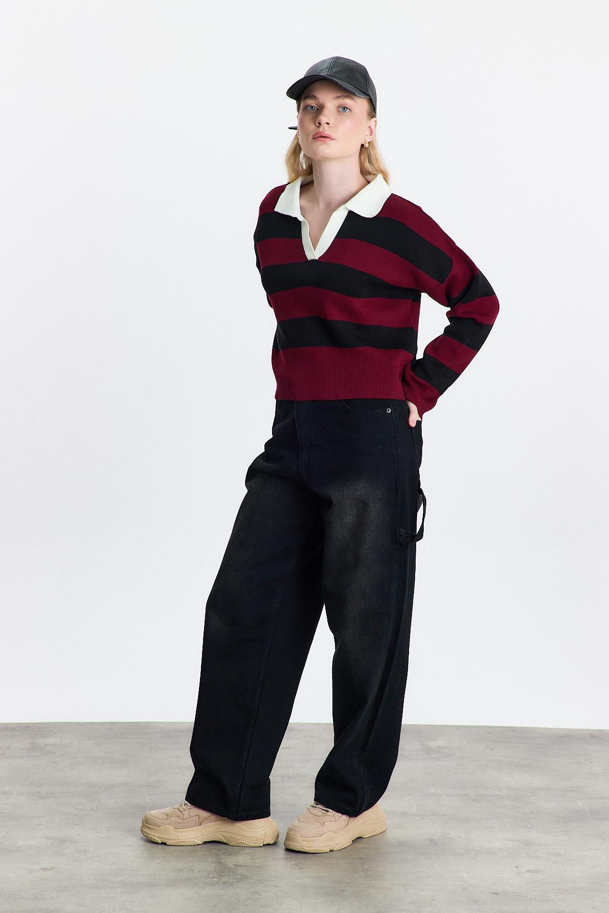 Bordo Polo Yaka Çizgili Kazak 24379 - 1