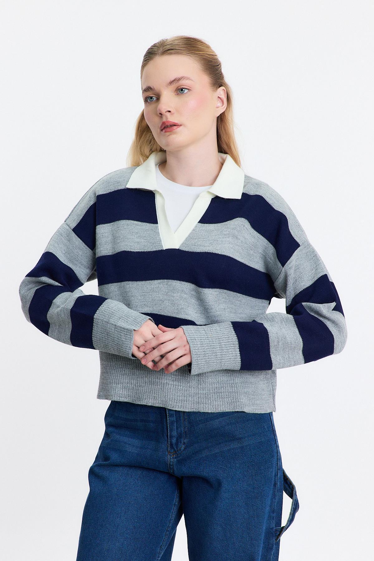 Füme Polo Yaka Çizgili Kazak 24379 - 2