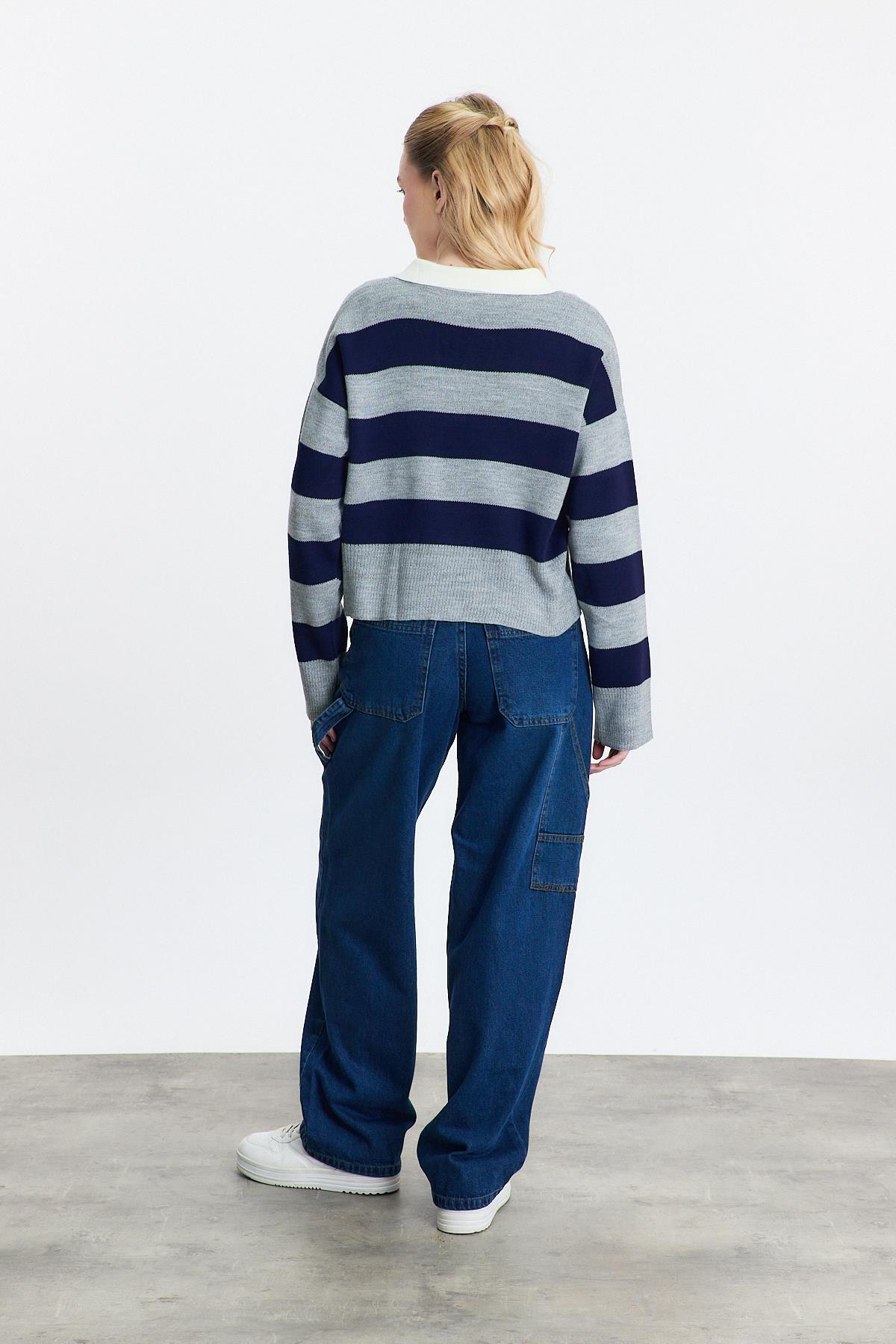 Füme Polo Yaka Çizgili Kazak 24379 - 5