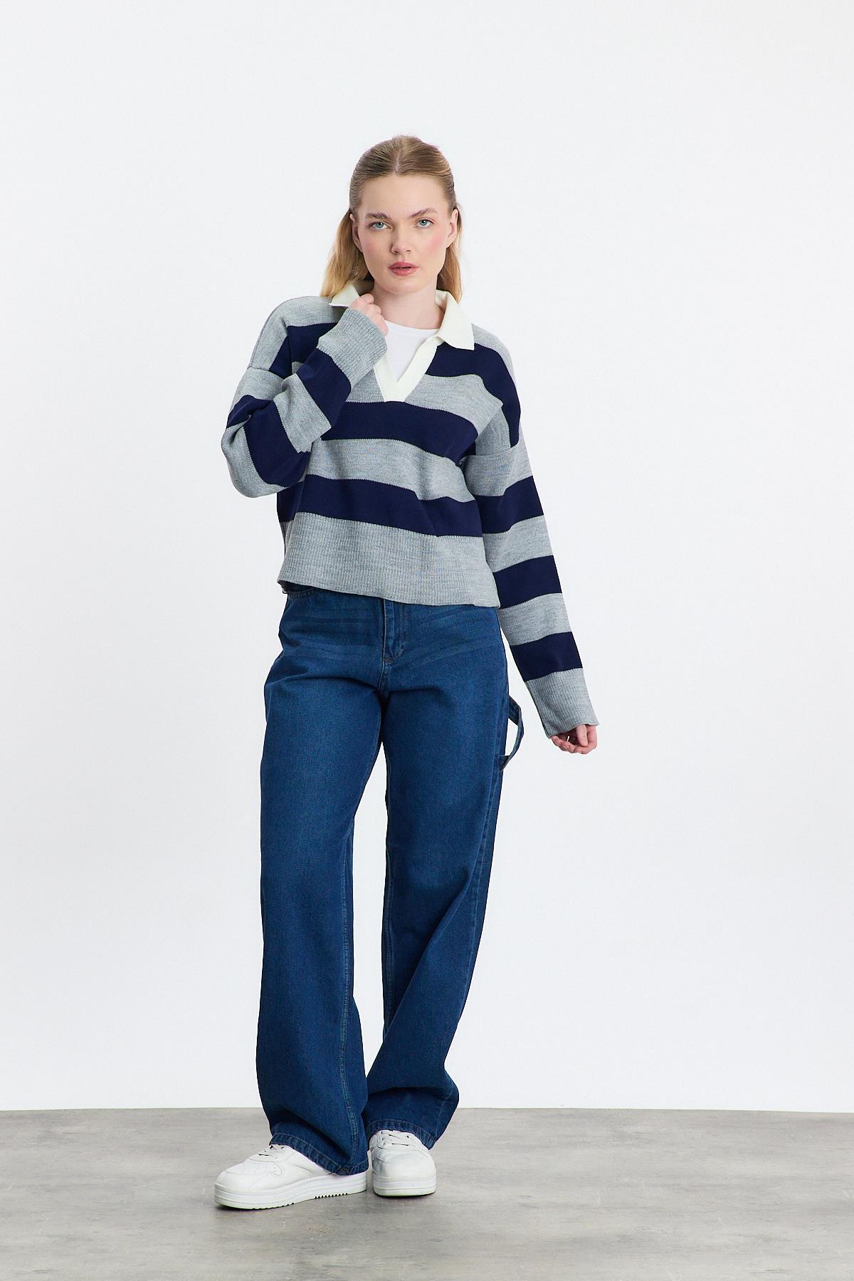 Füme Polo Yaka Çizgili Kazak 24379 - 7
