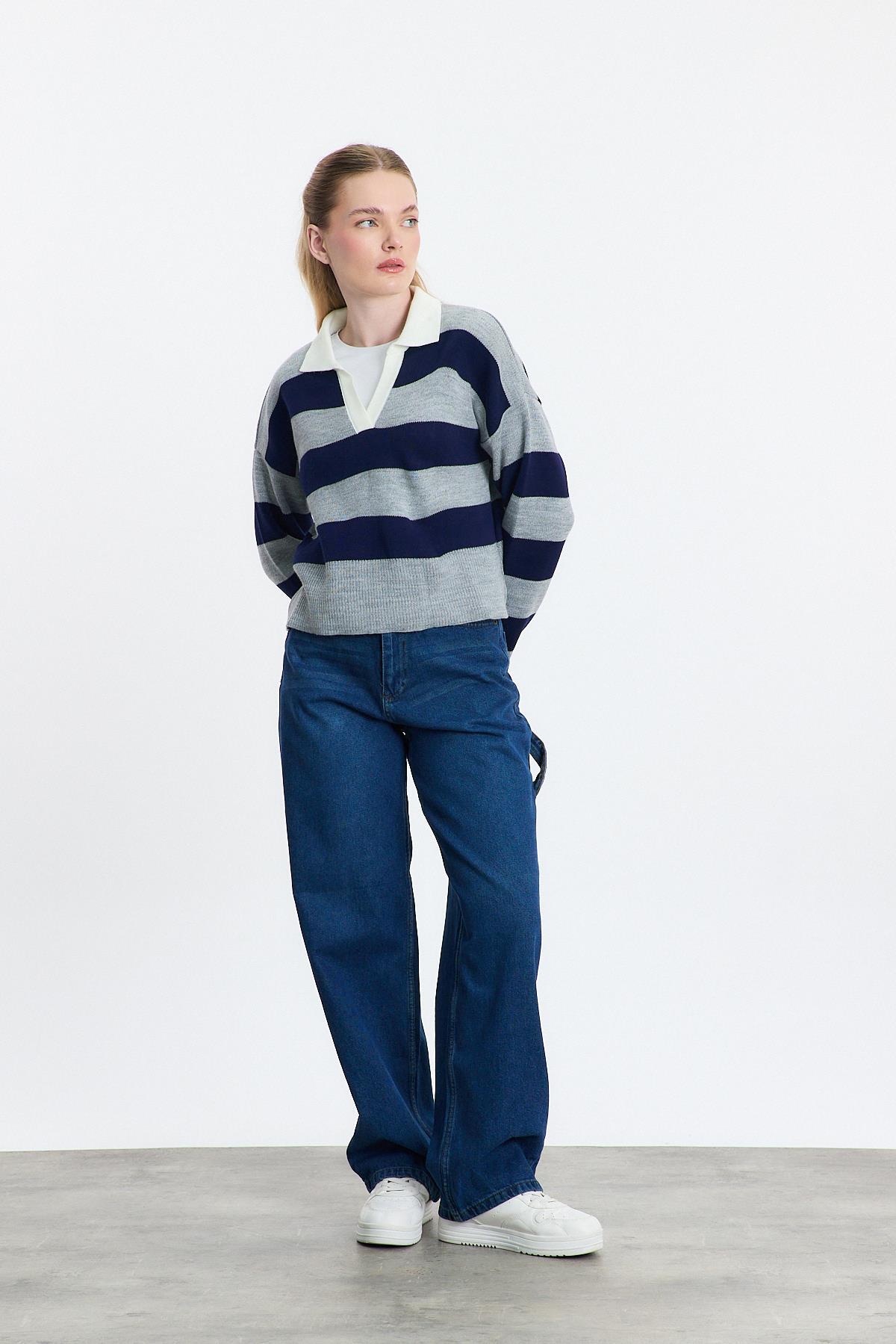 Füme Polo Yaka Çizgili Kazak 24379 - 8