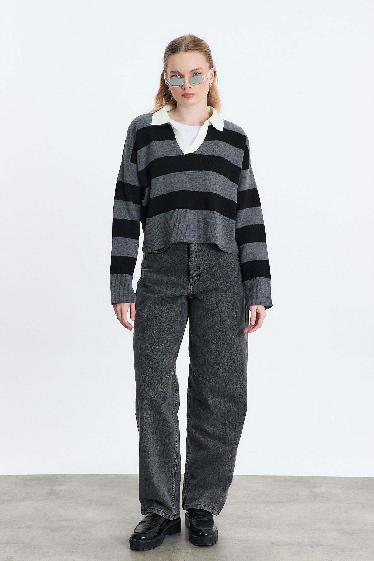 Gri Polo Yaka Çizgili Kazak 24379 - 6