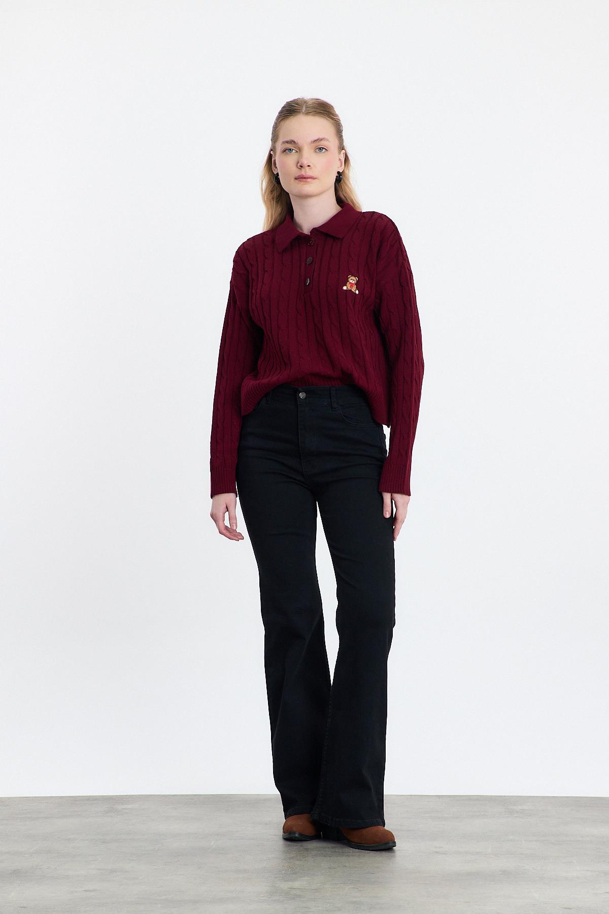 Bordo Ayıcık Nakışlı Örgülü Kazak 24387 