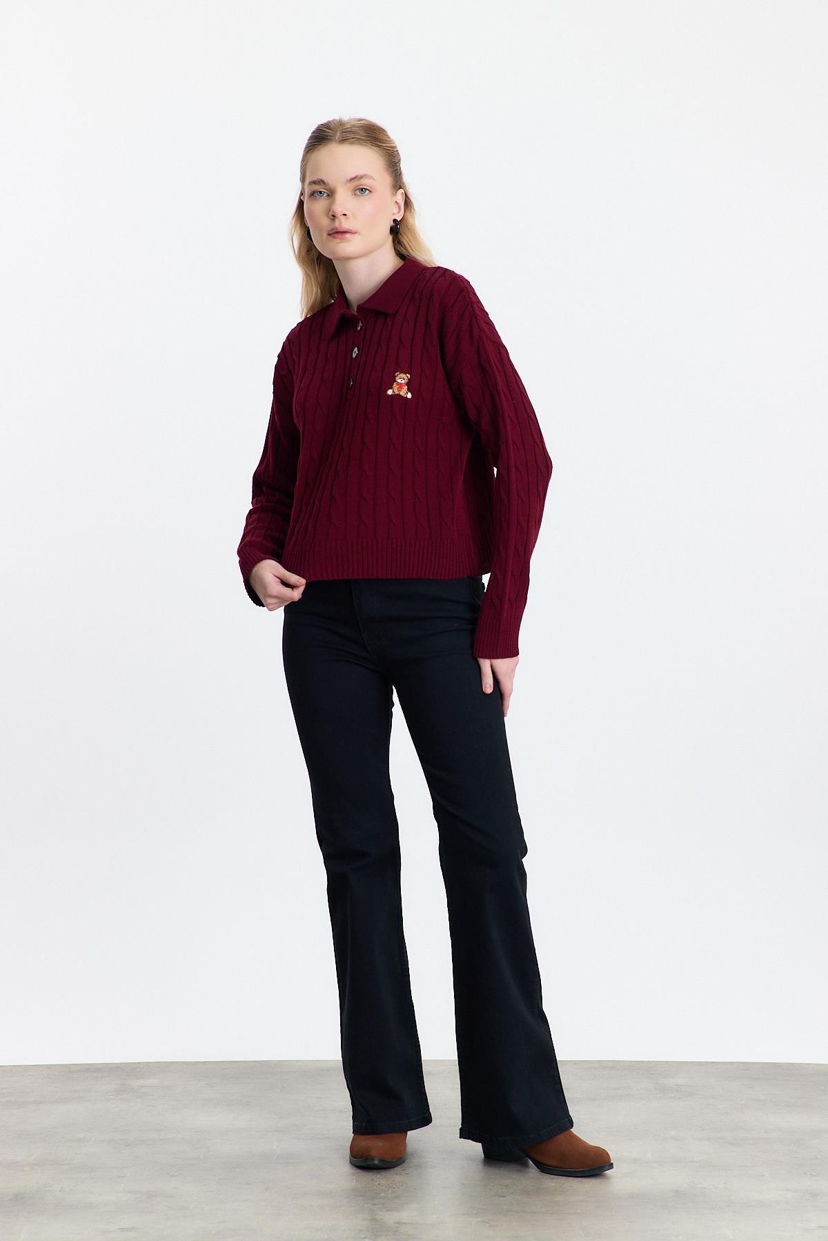 Bordo Ayıcık Nakışlı Örgülü Kazak 24387 - 3