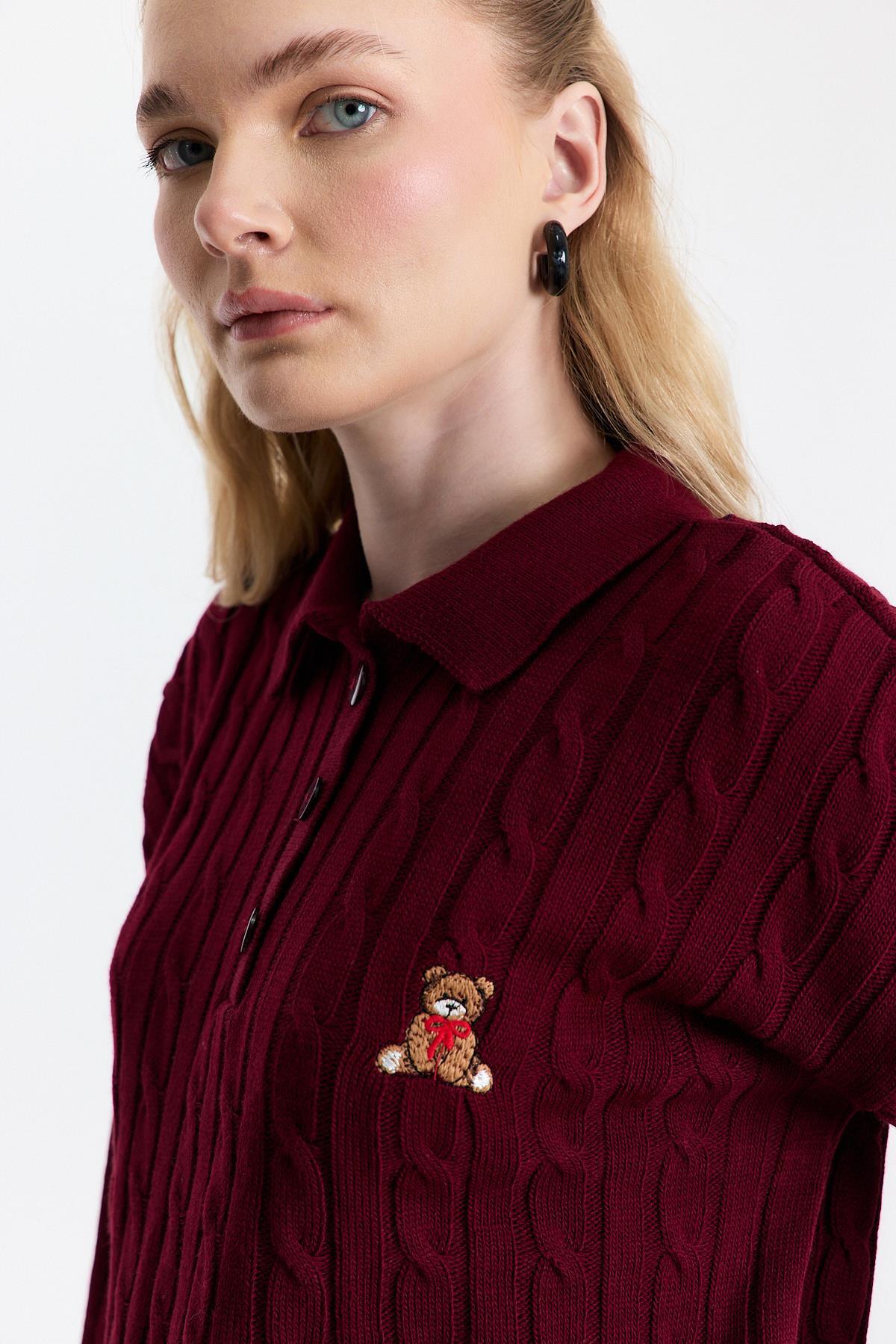 Bordo Ayıcık Nakışlı Örgülü Kazak 24387 - 4