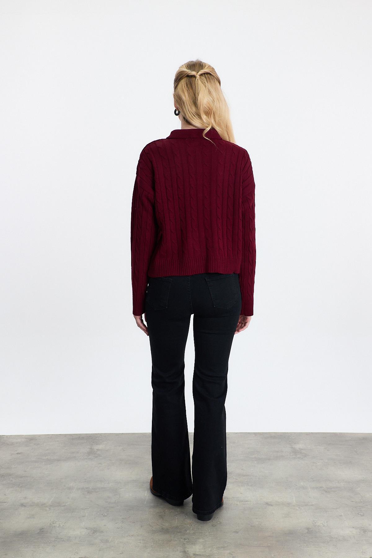 Bordo Ayıcık Nakışlı Örgülü Kazak 24387 - 5