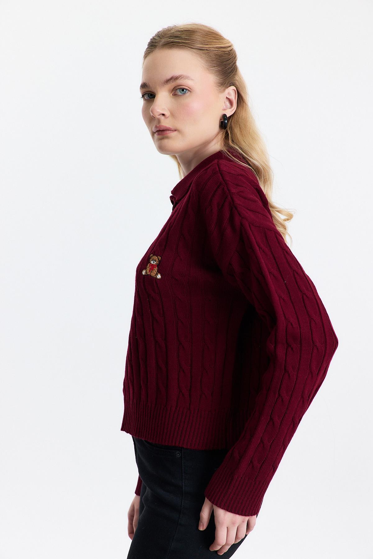 Bordo Ayıcık Nakışlı Örgülü Kazak 24387 - 6
