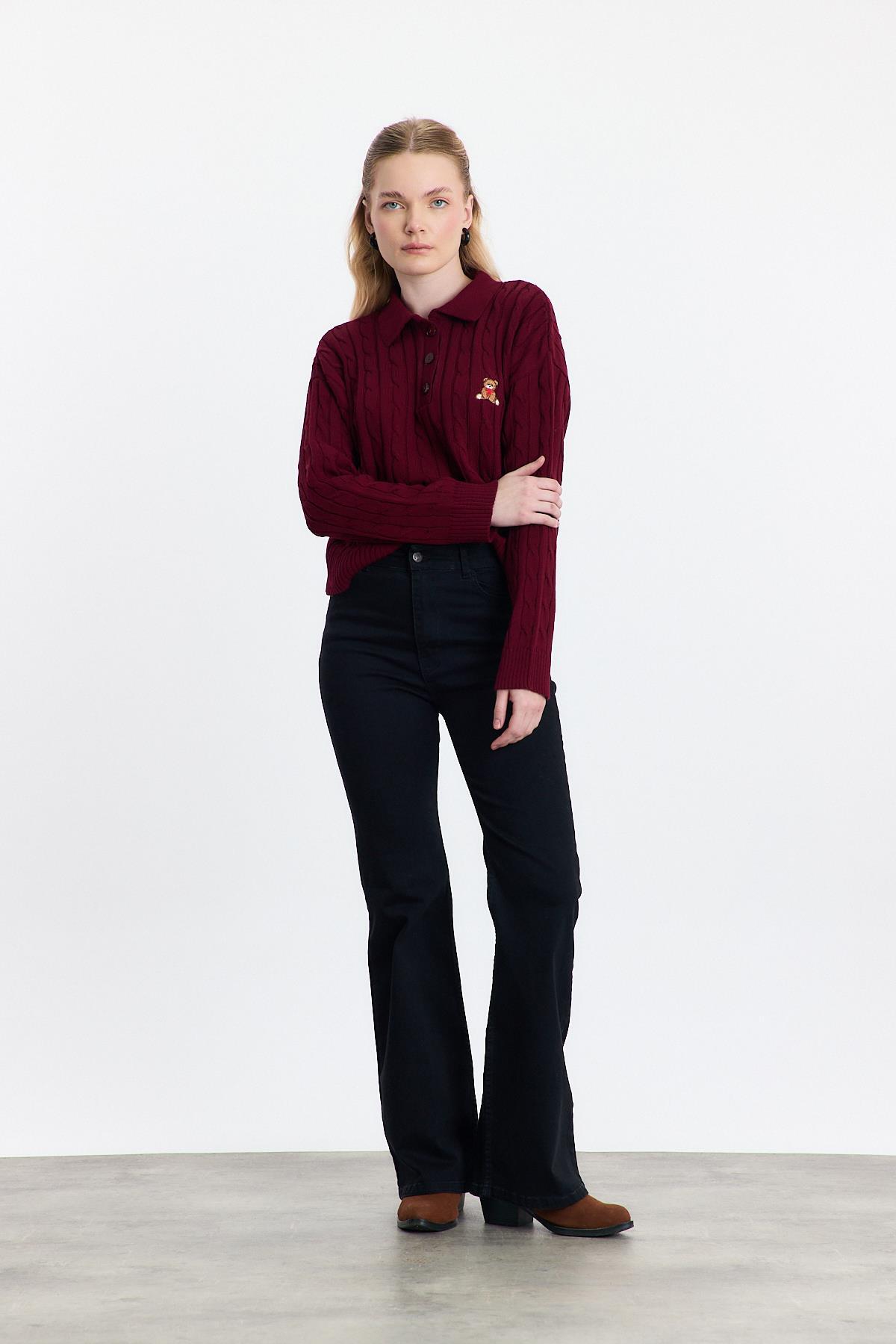 Bordo Ayıcık Nakışlı Örgülü Kazak 24387 - 7