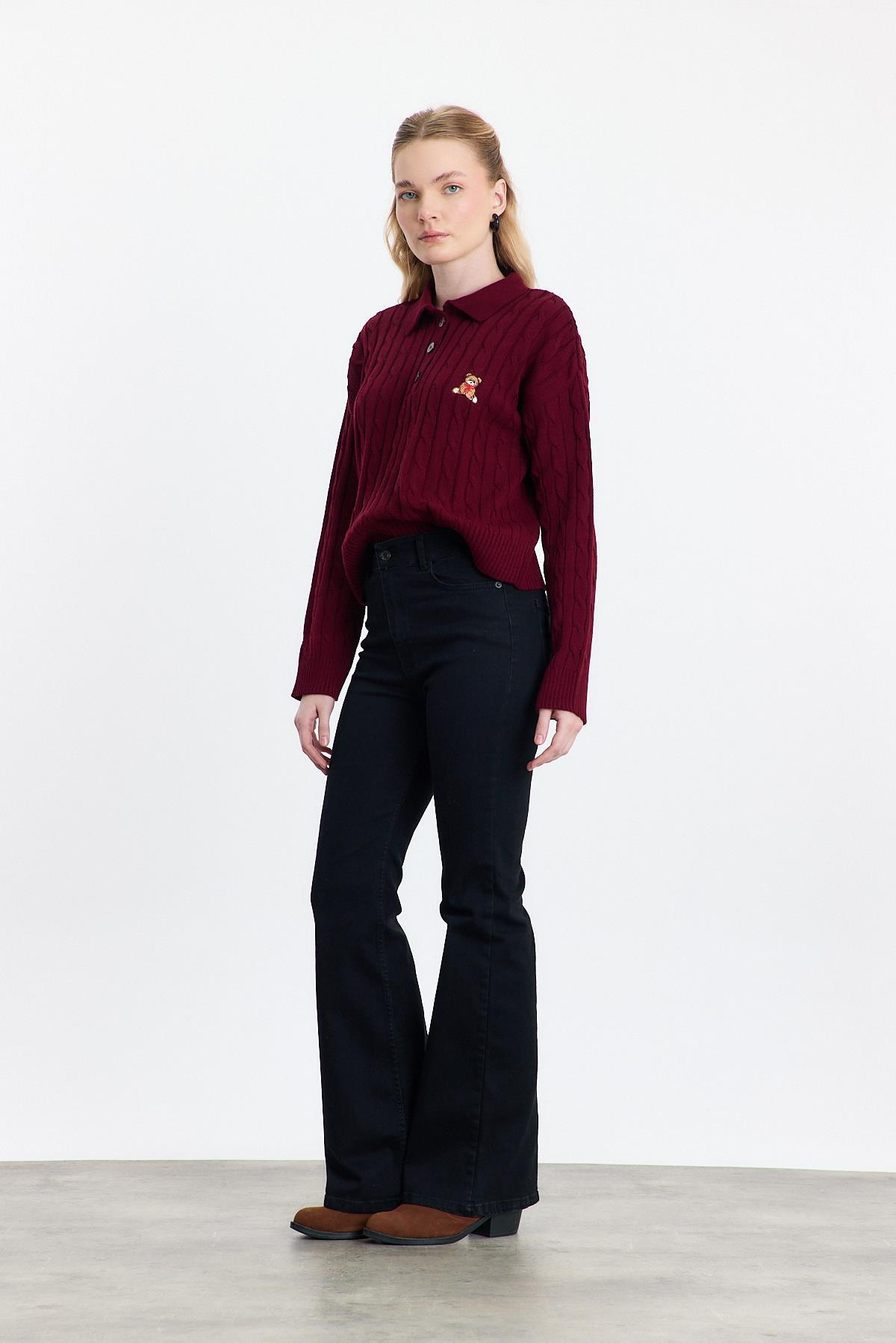 Bordo Ayıcık Nakışlı Örgülü Kazak 24387 - 8