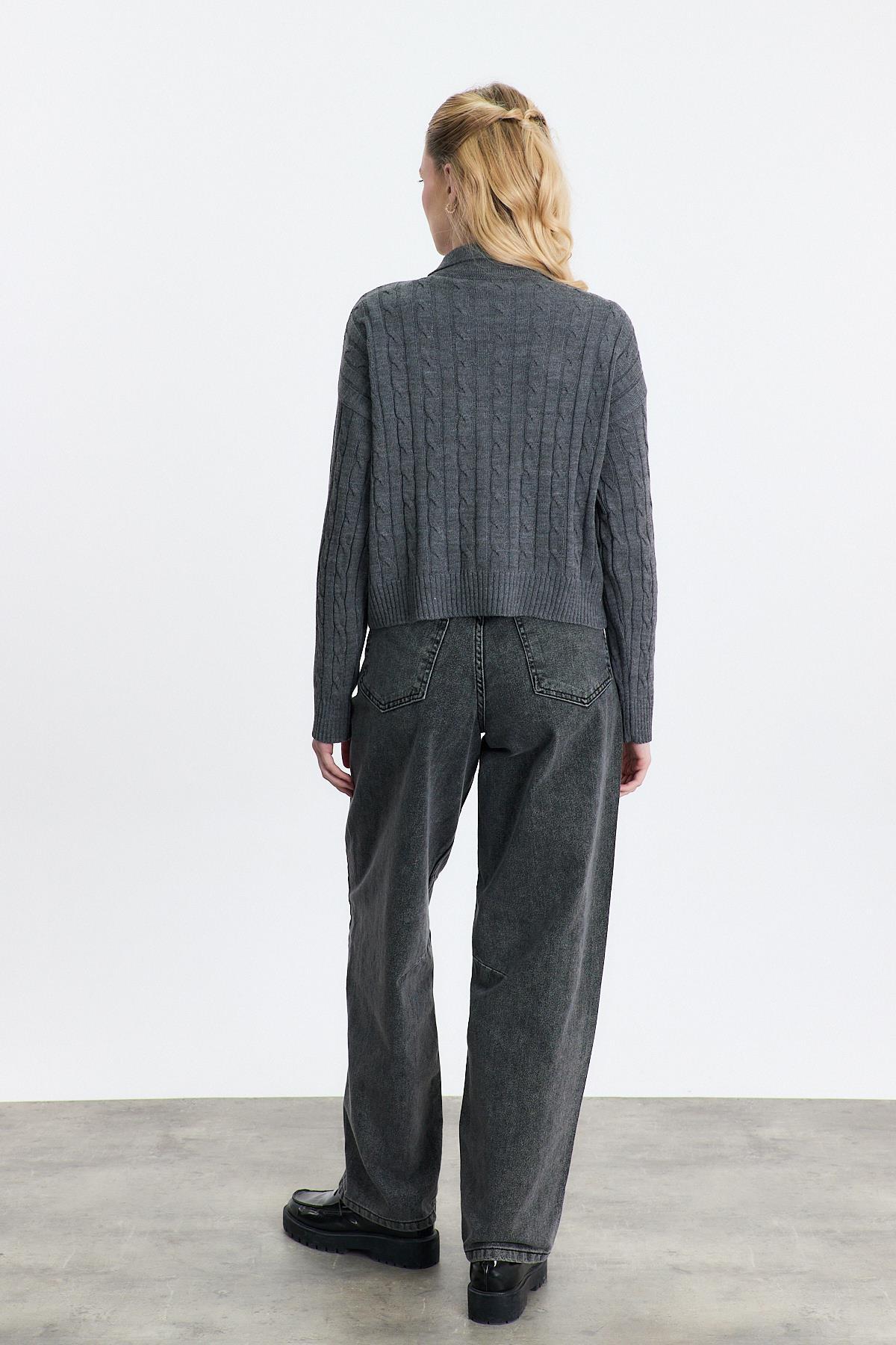 Füme Ayıcık Nakışlı Örgülü Kazak 24387 - 5