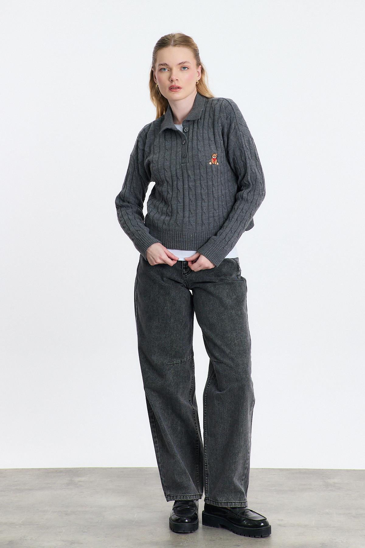 Füme Ayıcık Nakışlı Örgülü Kazak 24387 - 6