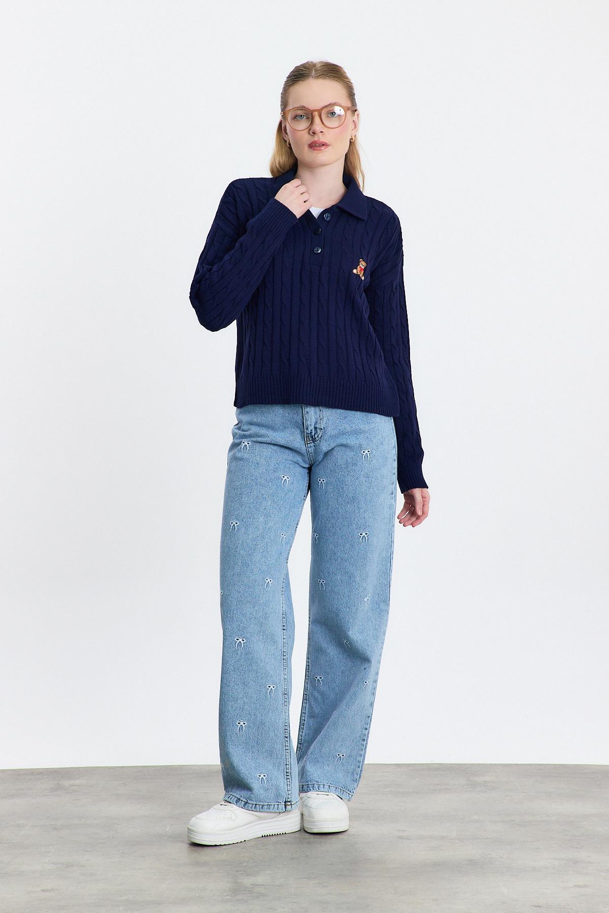 Laci Ayıcık Nakışlı Örgülü Kazak 24387 - 1