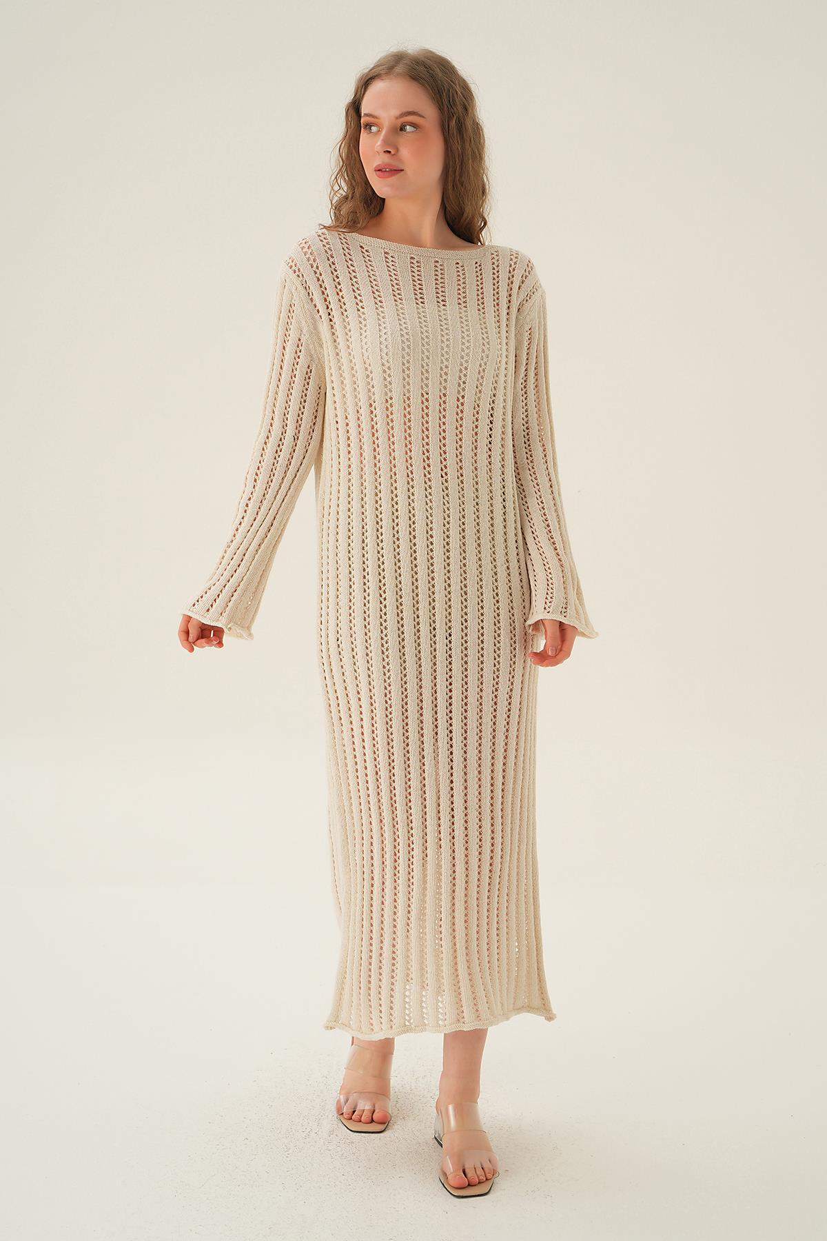 2442 Uzun Kol Ajur Elbise Natural - 1