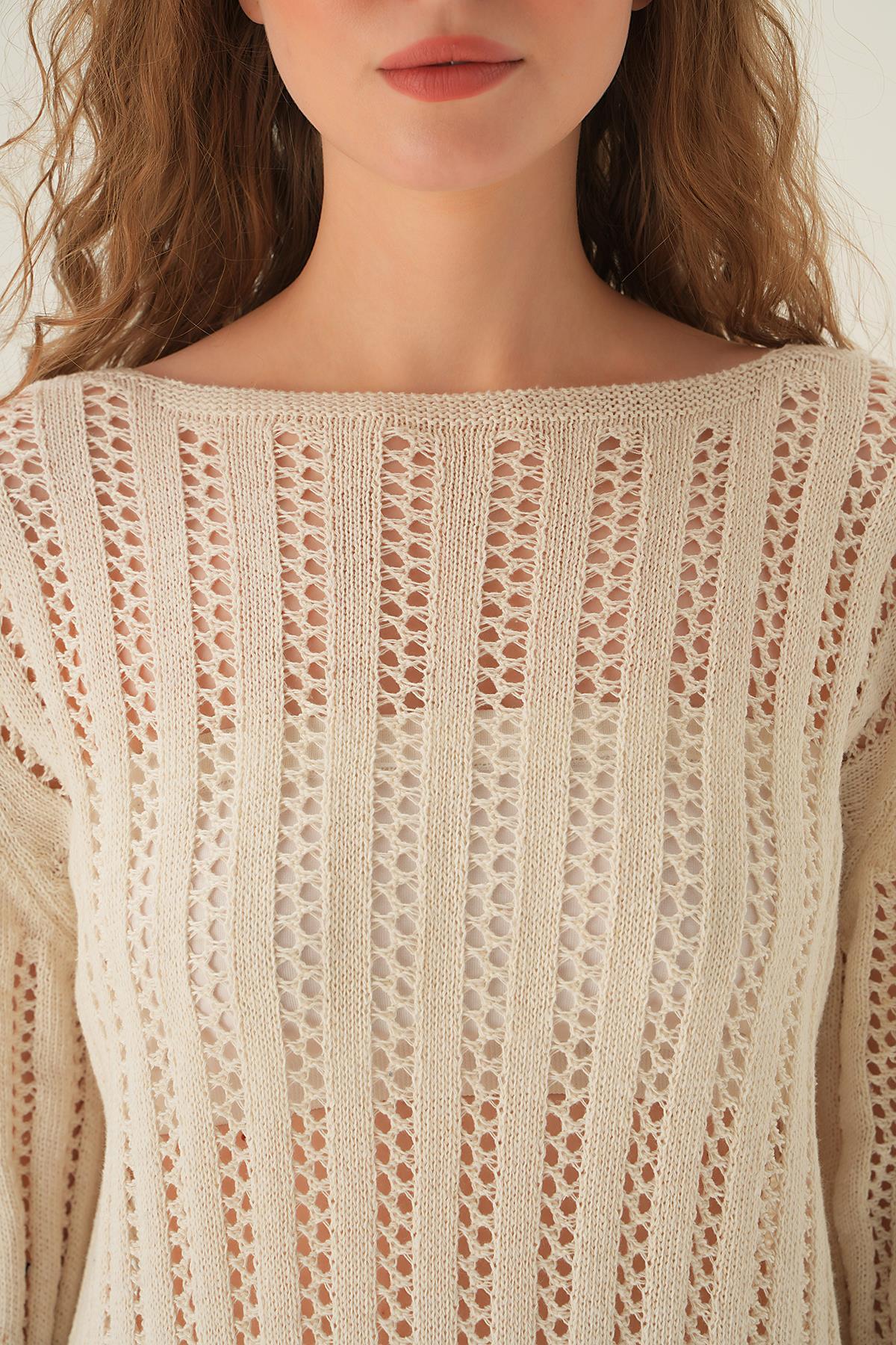 2442 Uzun Kol Ajur Elbise Natural - 5