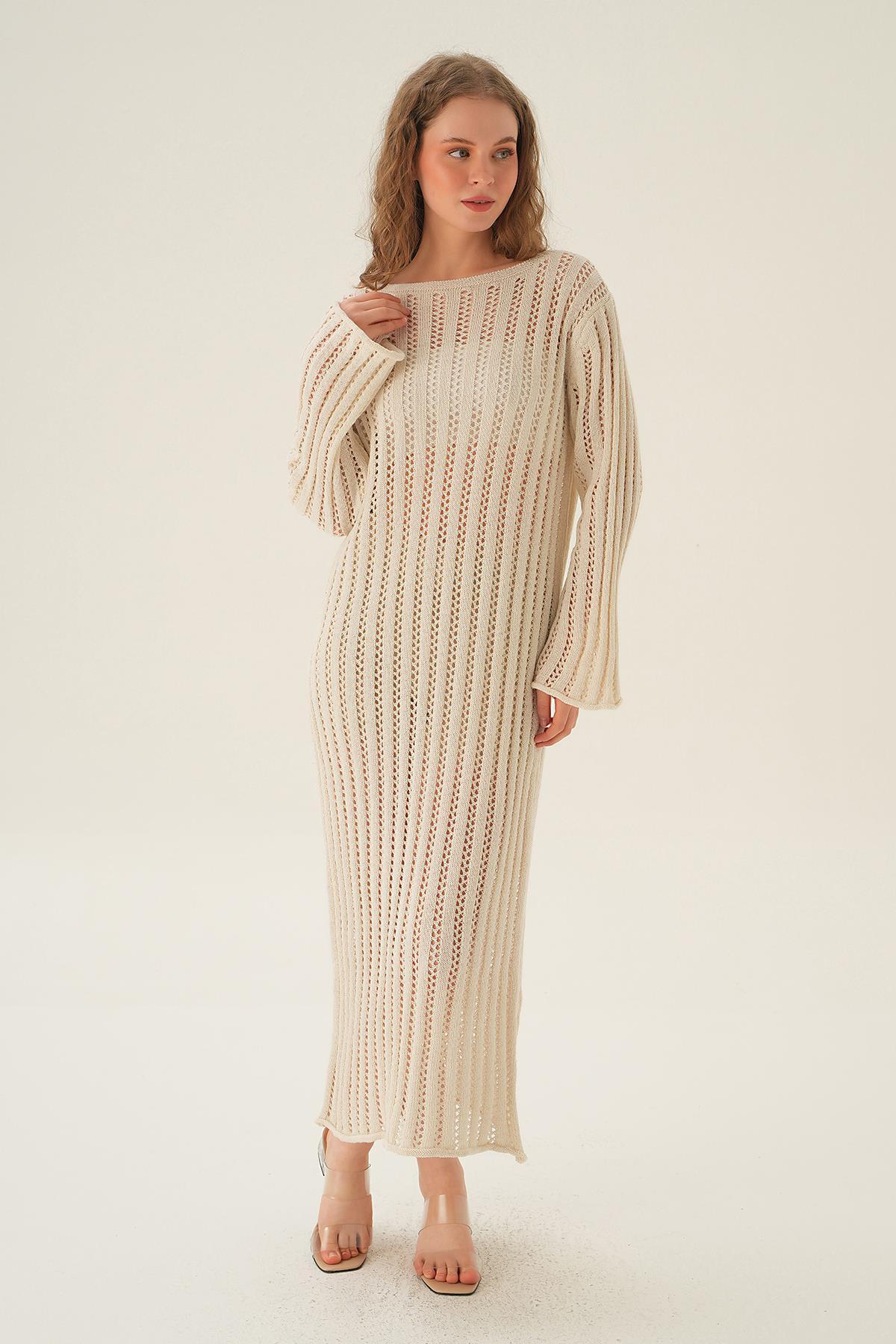 Natural Uzun Kol Ajurlu Elbise 2442 - 3