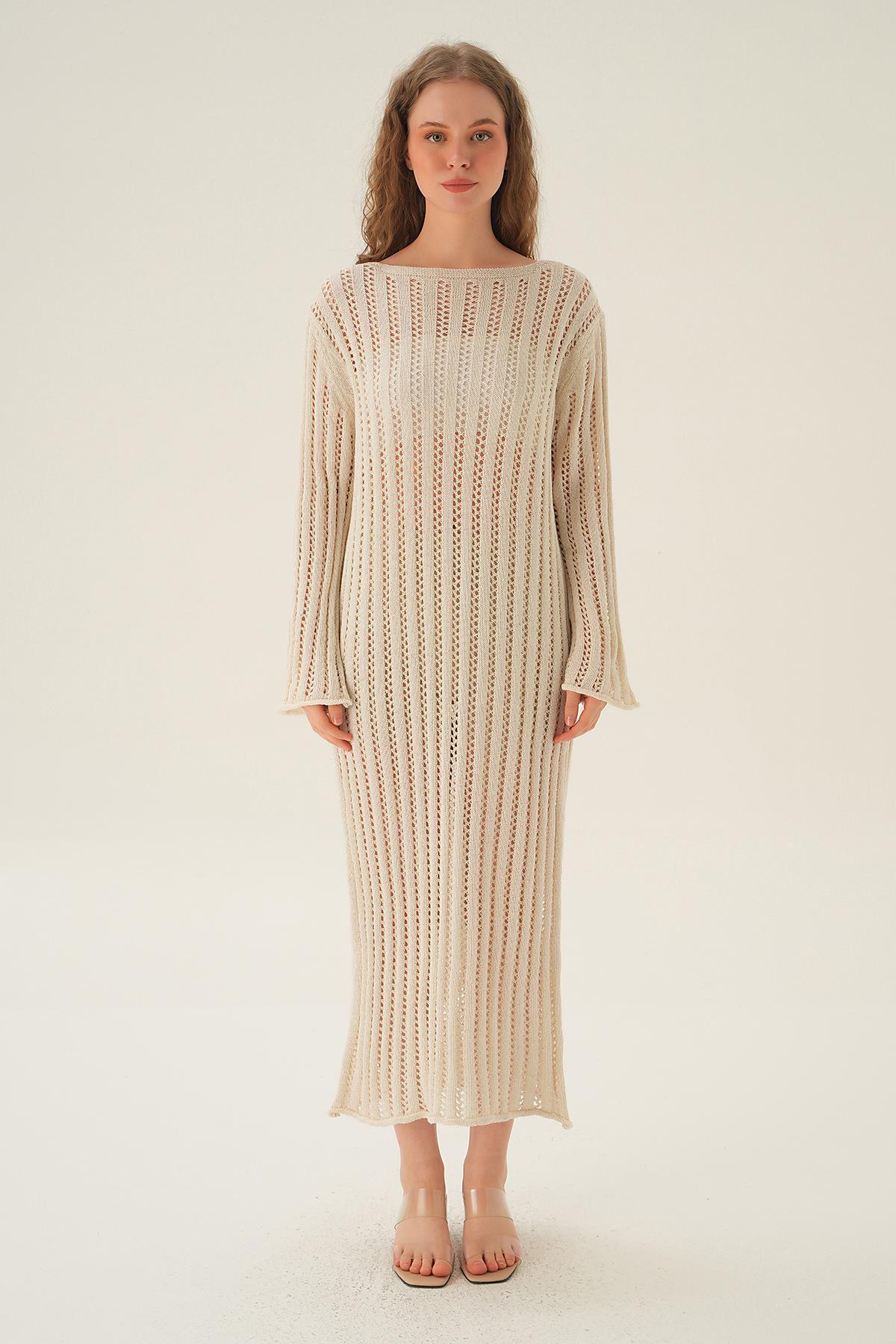 Natural Uzun Kol Ajurlu Elbise 2442 - 6