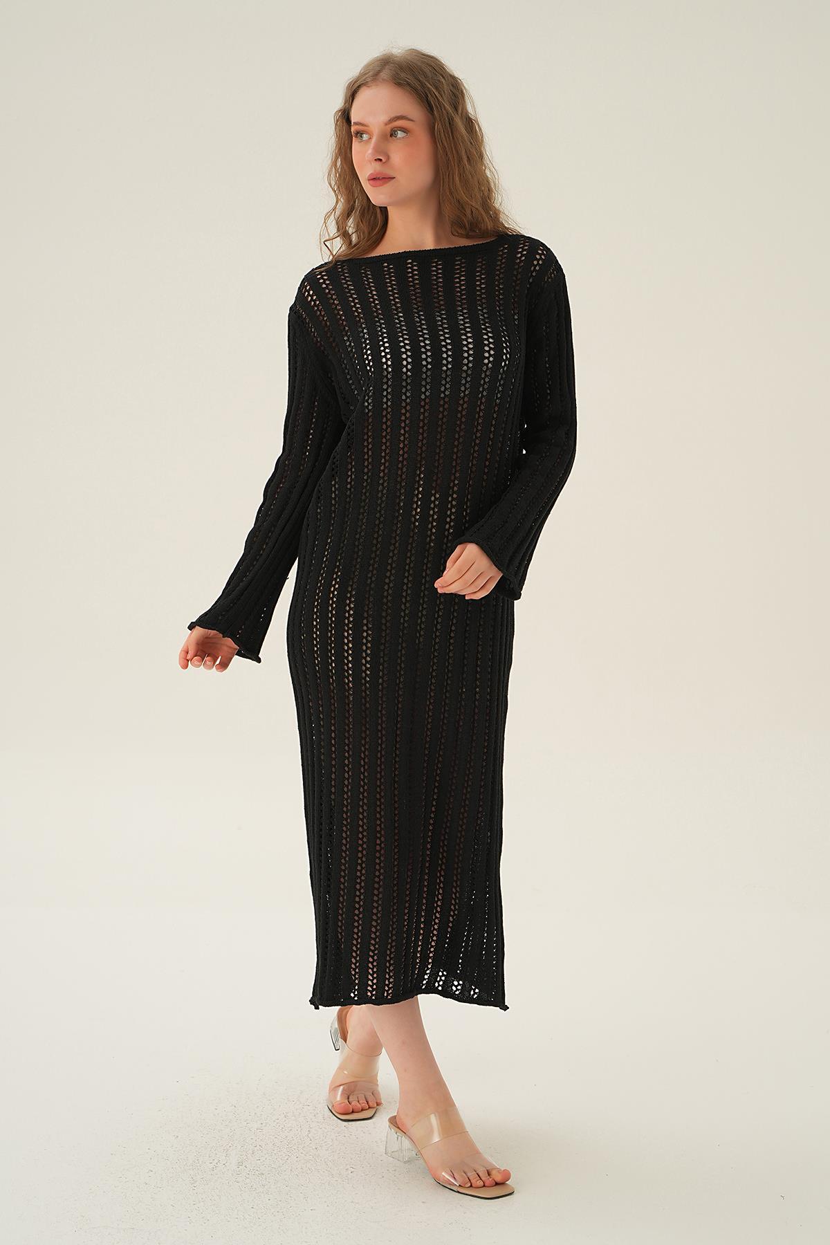 2442 Uzun Kol Ajur Elbise Siyah - 3