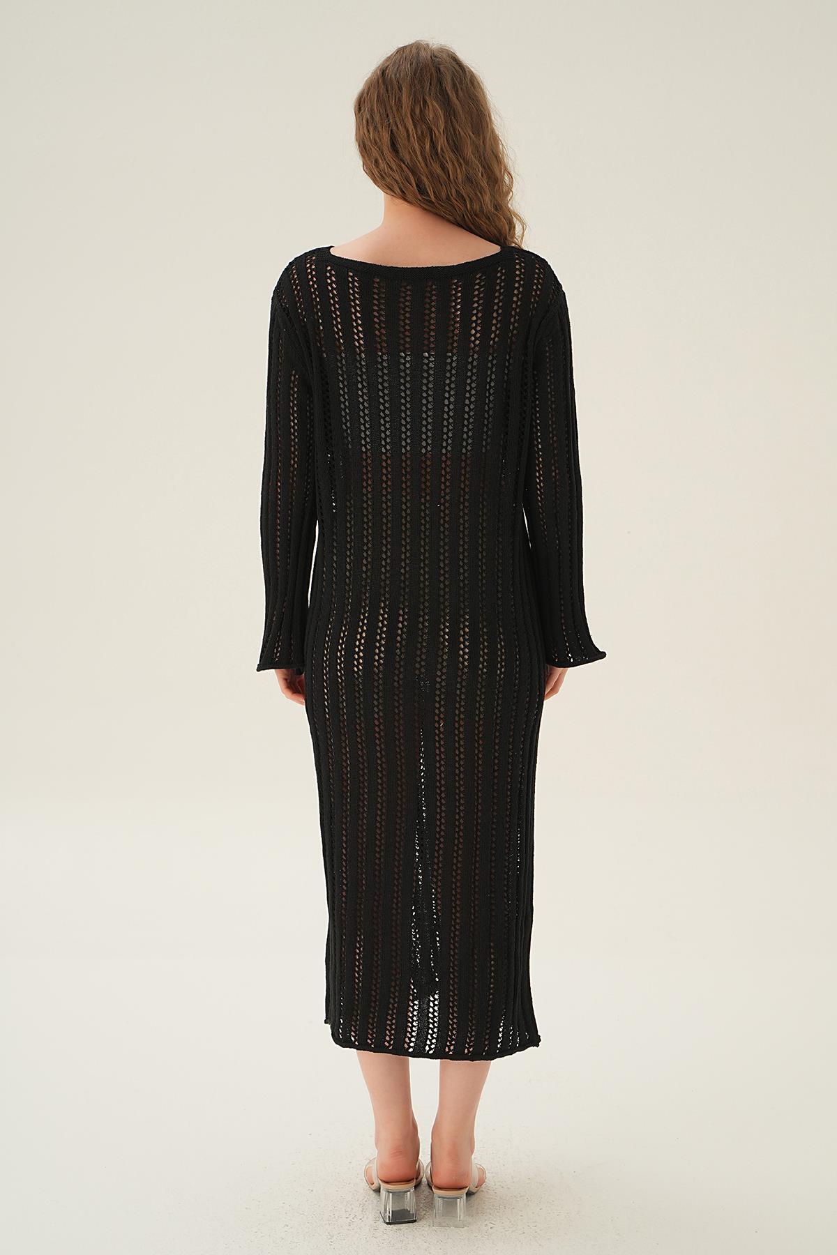 2442 Uzun Kol Ajur Elbise Siyah - 5