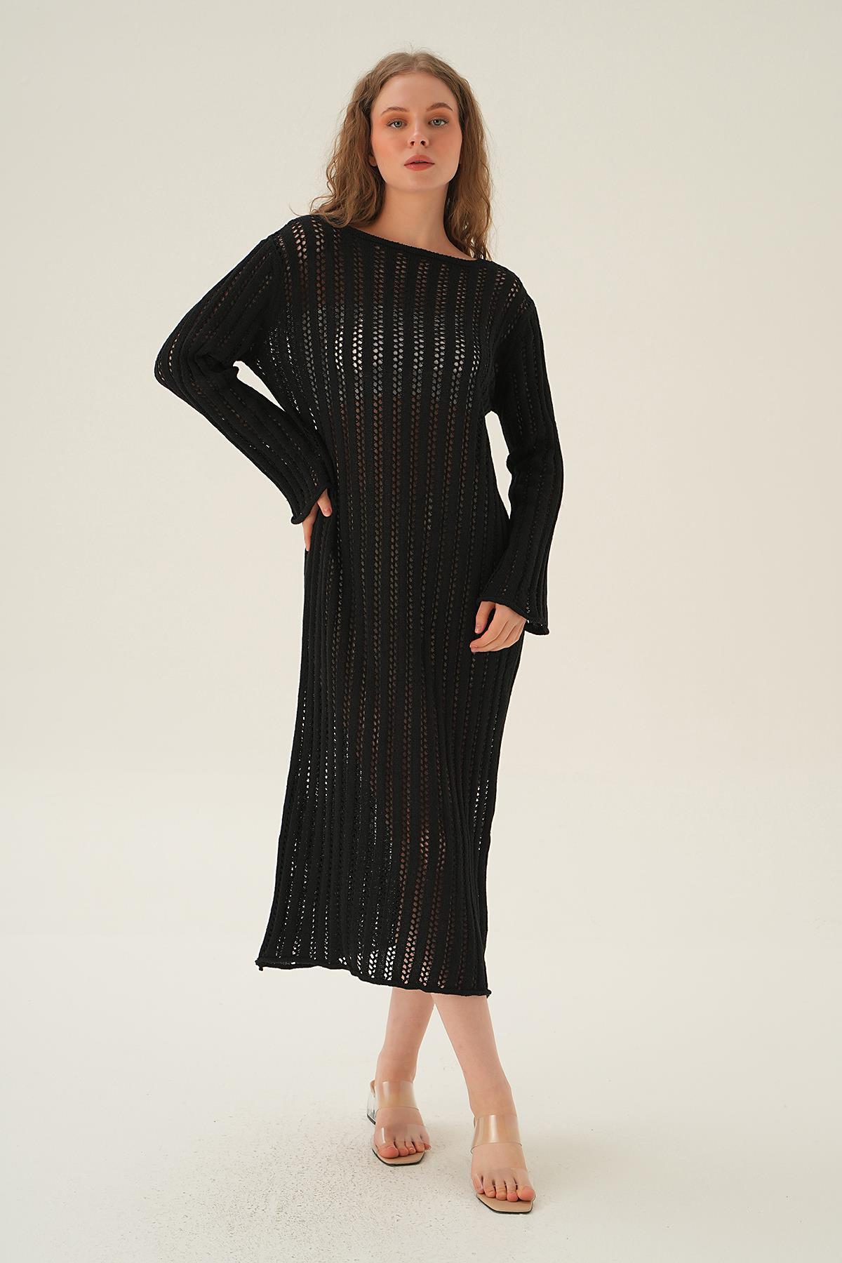 Siyah Uzun Kol Ajurlu Elbise 2442 - 1