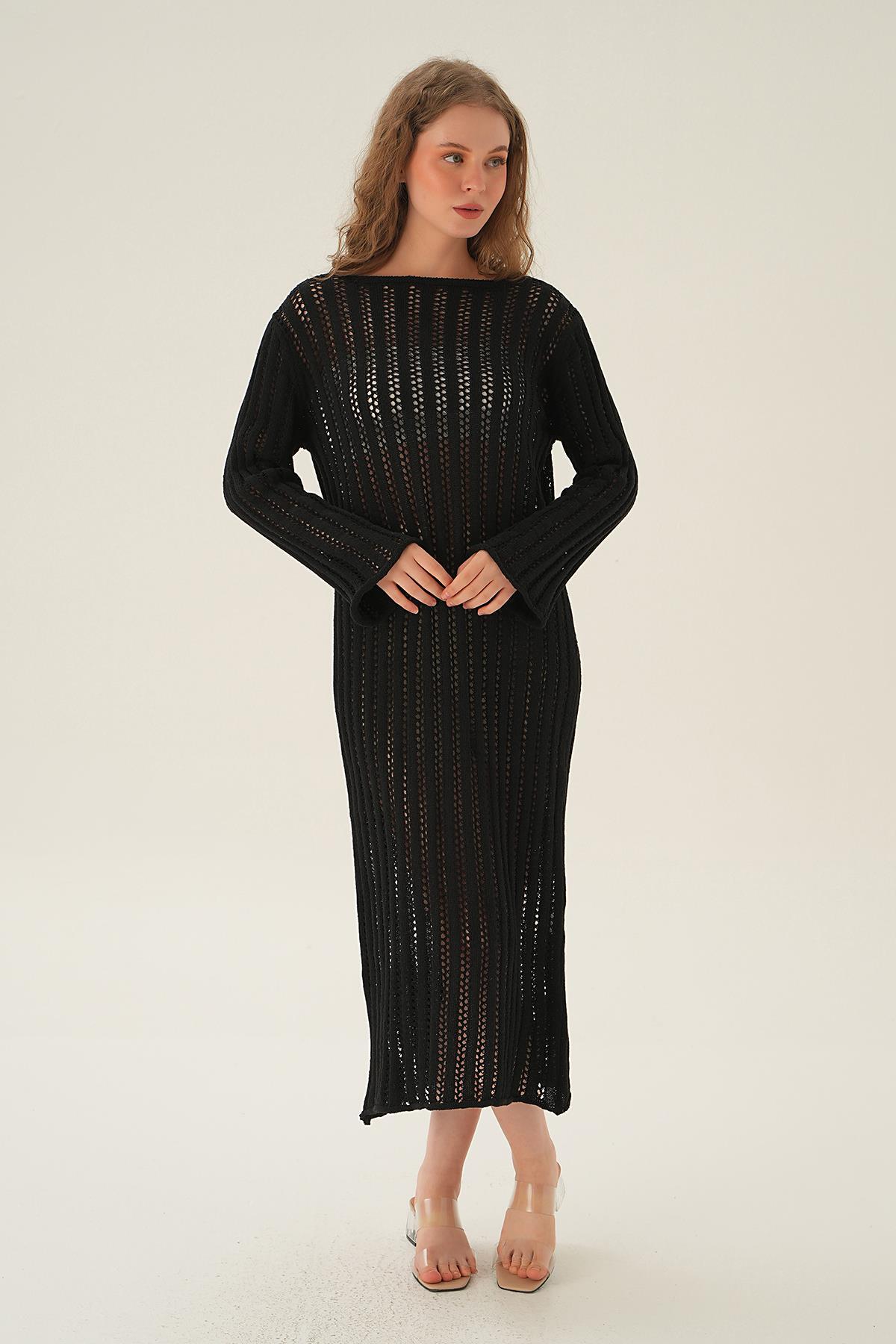 Siyah Uzun Kol Ajurlu Elbise 2442 - 2