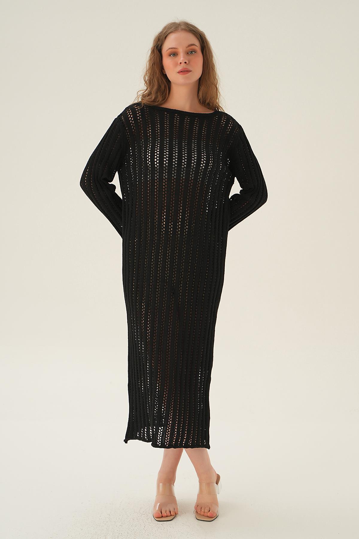 Siyah Uzun Kol Ajurlu Elbise 2442 - 4