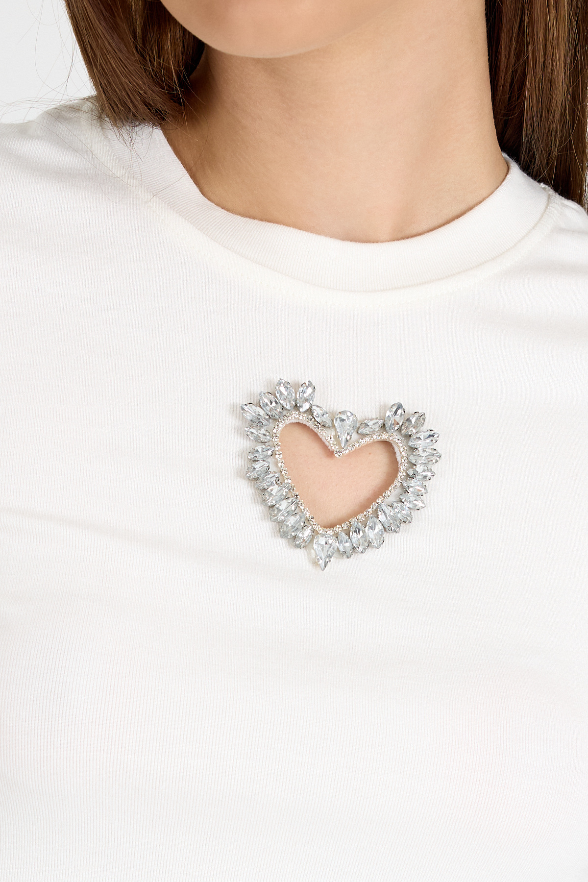 Beyaz Taş İşlemeli Kalp Detaylı Viskoz/Yumuşak Kumaş Crop Tişört 2444 - 4