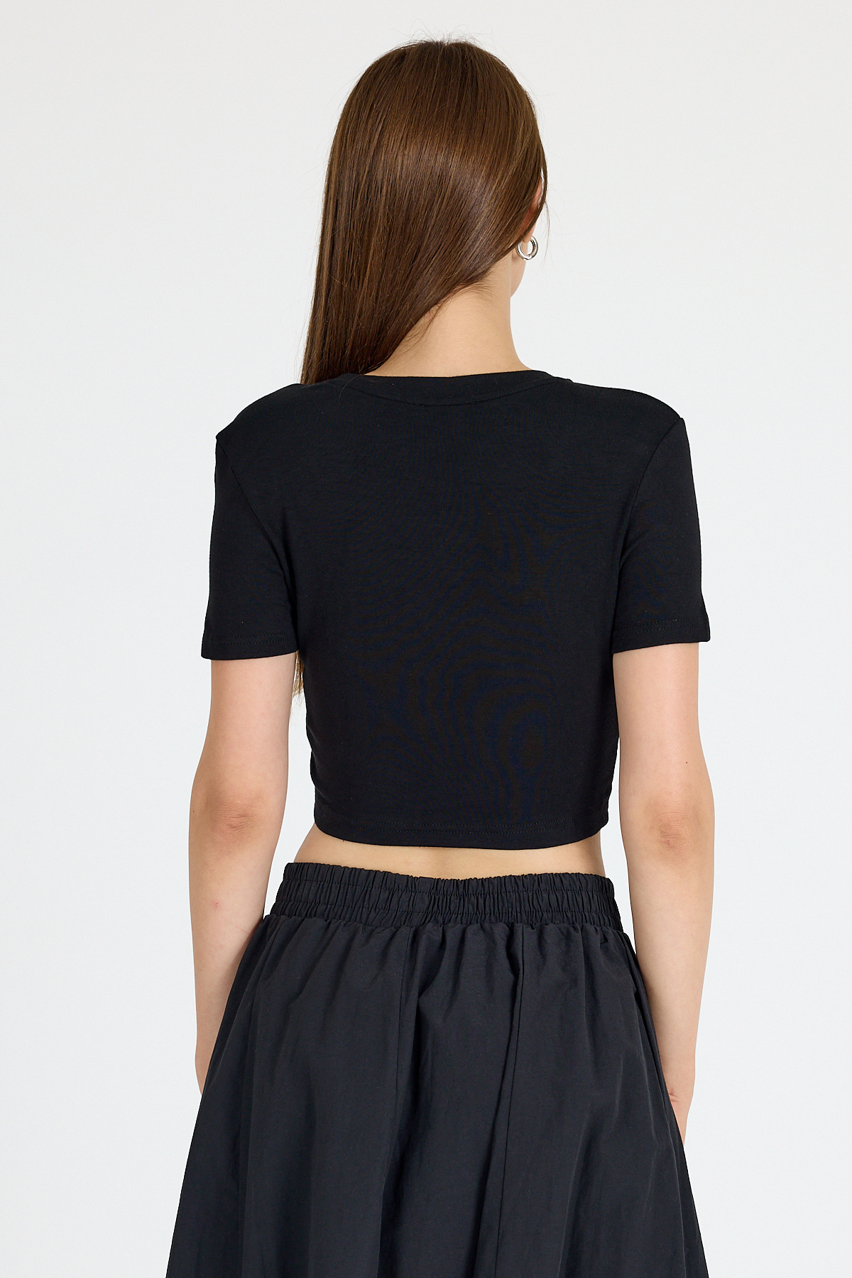 Siyah Taş İşlemeli Kalp Detaylı Viskoz/Yumuşak Kumaş Crop Tişört 2444 - 5