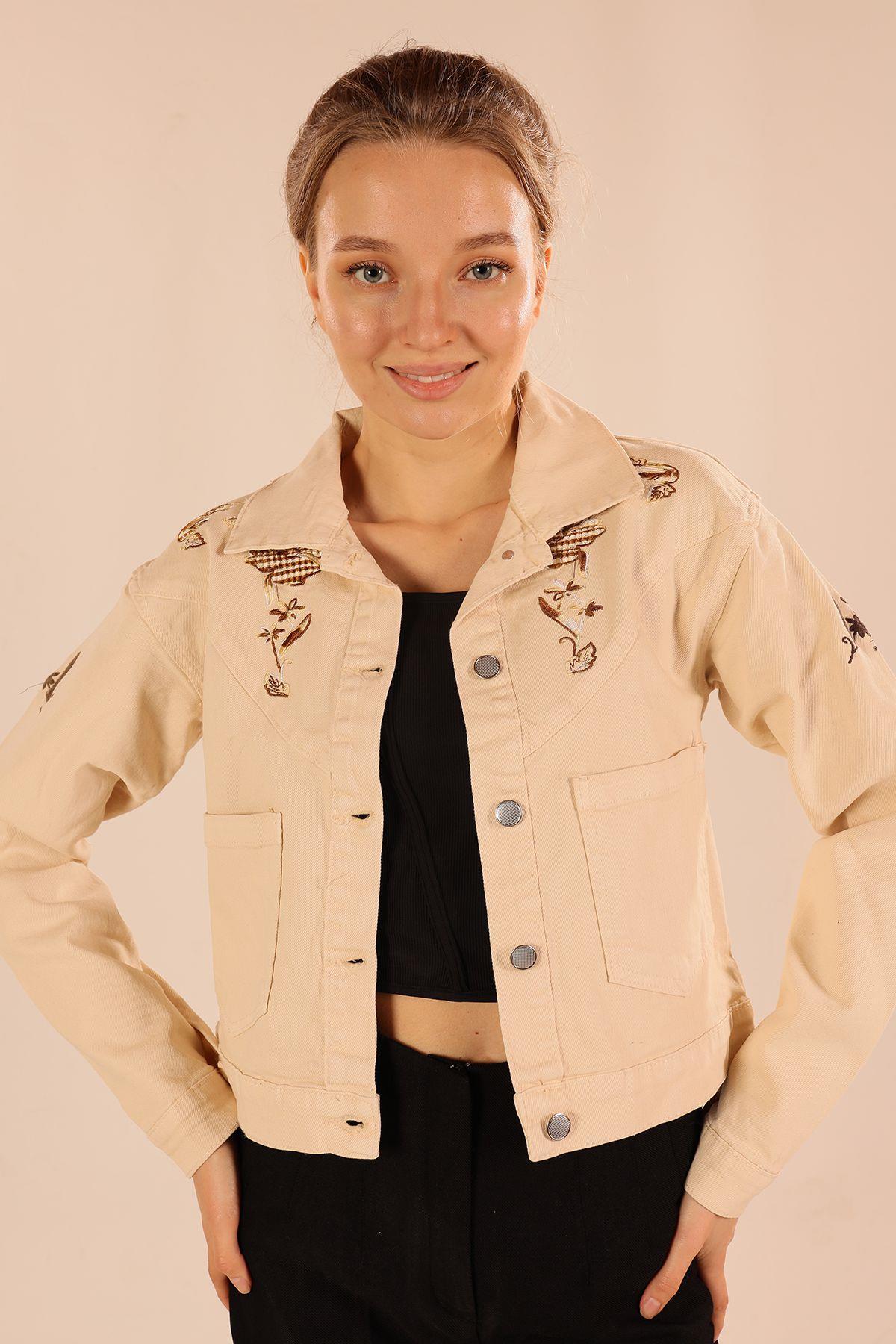 Bej Çiçek Nakış Gabardin Ceket 2445 - 1