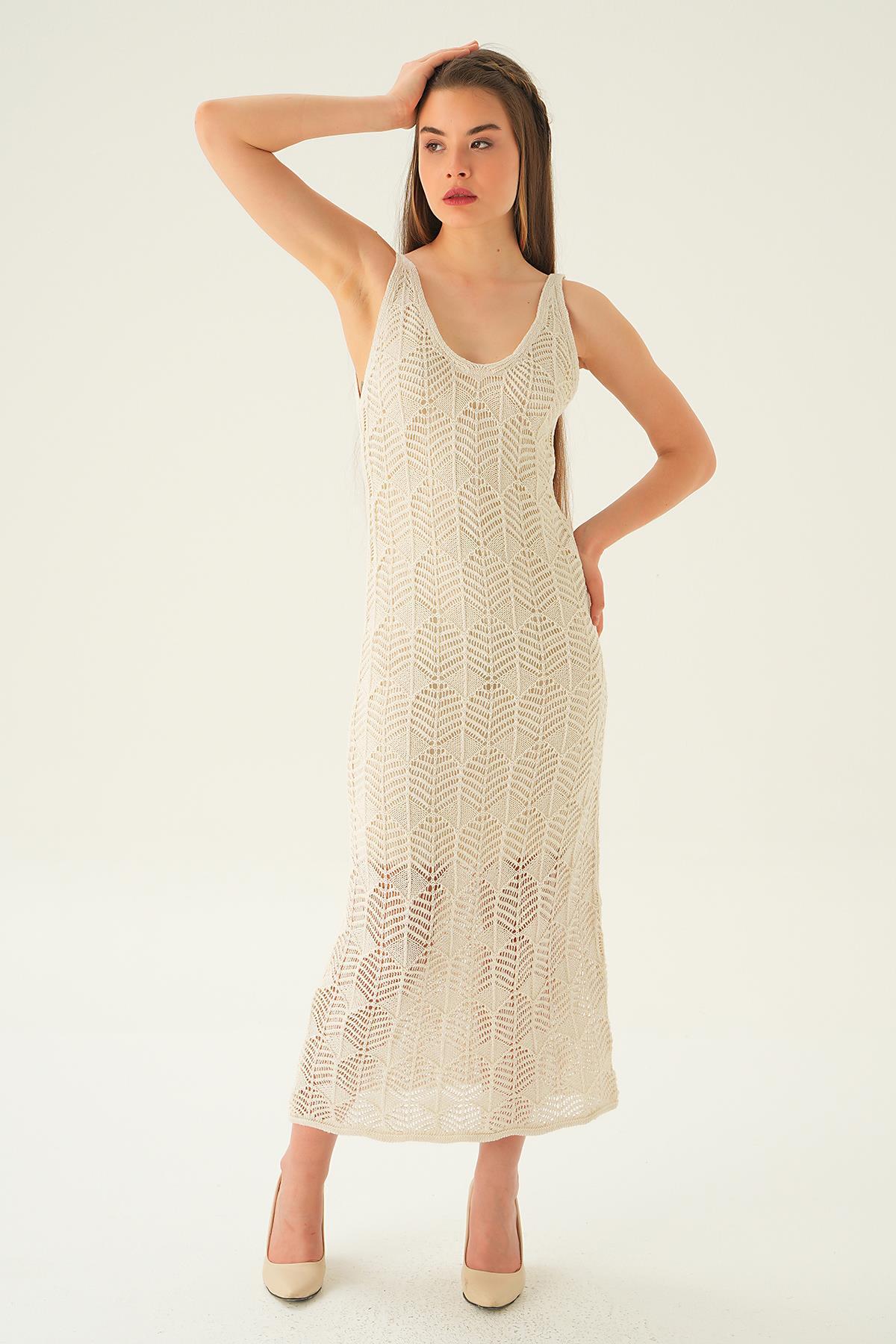 2446 Uzun Askılı Ajurlu Elbise Natural - 2