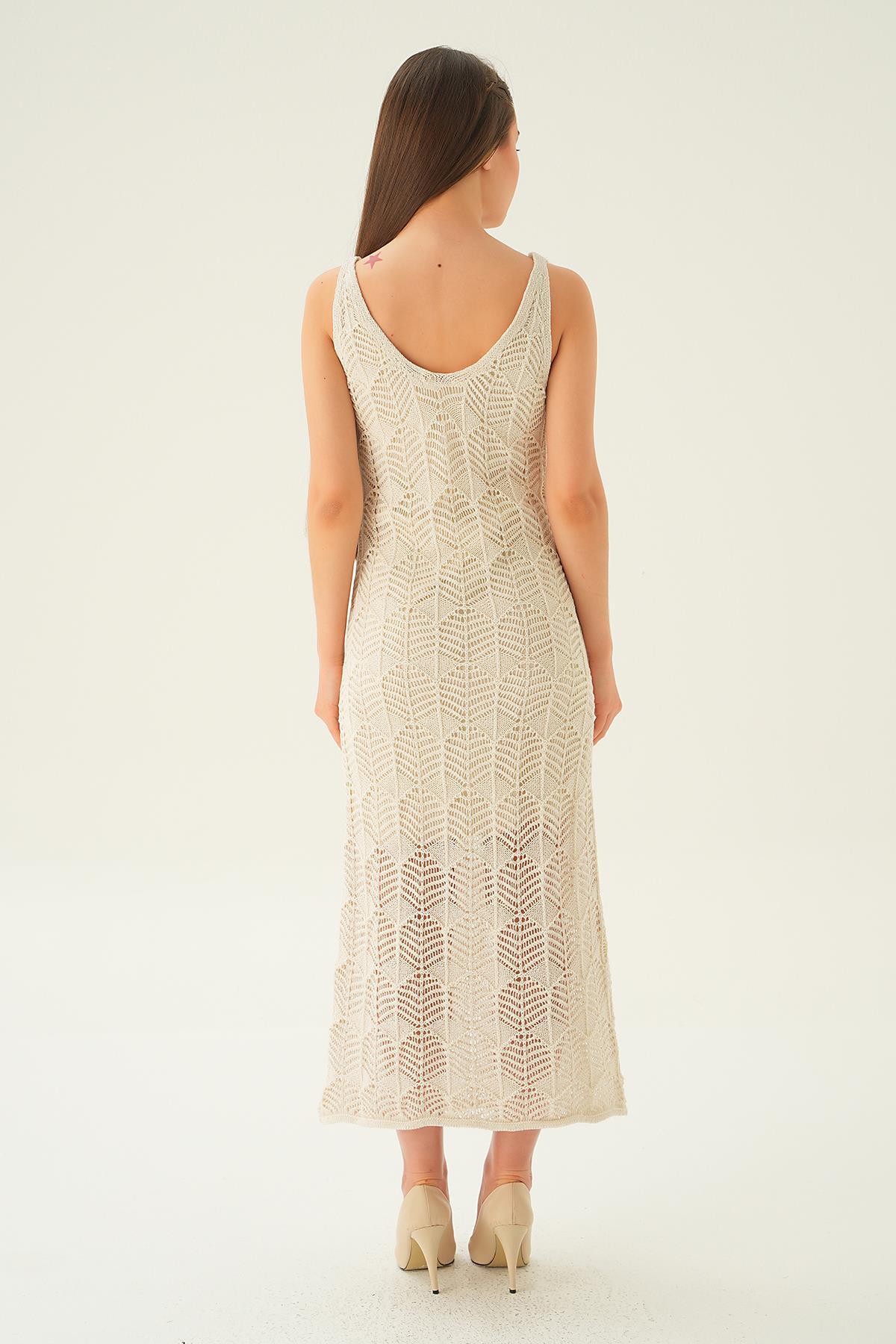 2446 Uzun Askılı Ajurlu Elbise Natural - 5